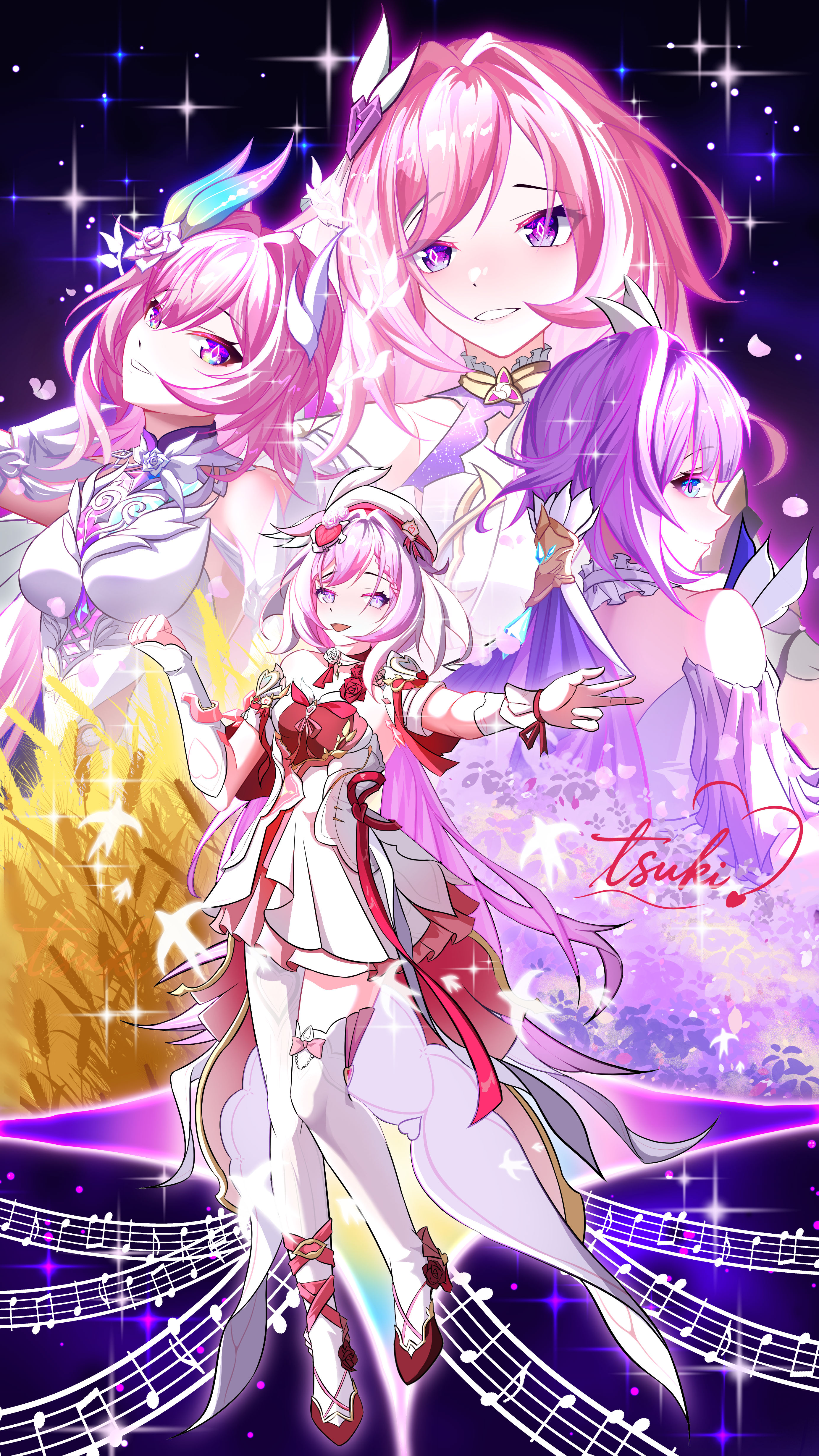 tsuki (user nsky7434), cyrene (honkai: star rail), cyrene (ripples of past reverie) (honkai: star rail), elysia (herrscher of human: ego) (honkai impact), elysia (hi love elf) (honkai impact), elysia (honkai impact), inoue marina, honkai: star rail, honkai (series), honkai impact 3rd, absurdres, chinese commentary, commentary request, highres, bare shoulders, beret, breasts, diamond-shaped pupils, diamond (shape), dress, flower, hair flower, hair ornament, hat, large breasts, long hair, multicolored hair, multiple views, musical note, pink hair, purple eyes, sky, smile, star (sky), starry sky, symbol-shaped pupils, triquetra, two-tone hair, very long hair, voice actor connection, white dress, white hair, yanning