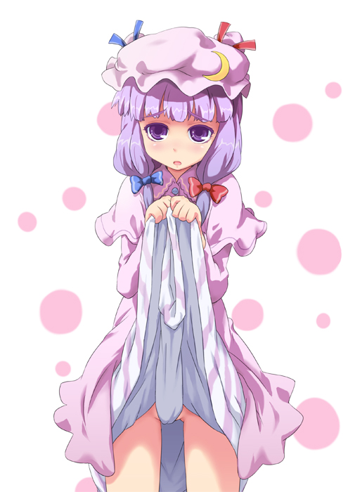 gahiro, patchouli knowledge, touhou, 1girl, blush, female focus, hat, long hair, purple hair, ribbon, solo, standing, white background