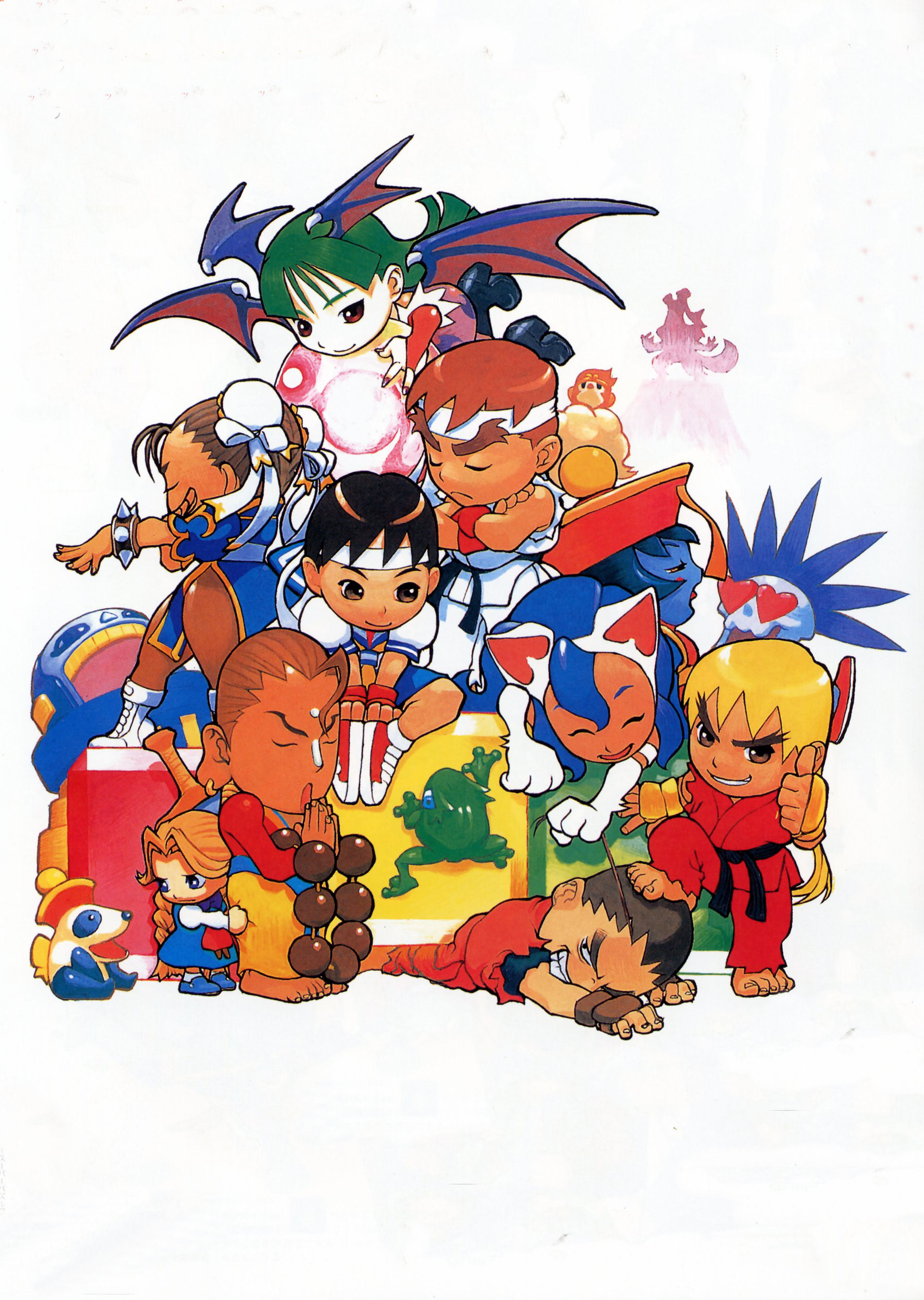 bengus, ikeno daigo, anita (darkstalkers), chun-li, donovan baine, felicia (darkstalkers), hibiki dan, hsien-ko, jon talbain, kasugano sakura, ken masters, lord raptor, morrigan aensland, ryu (street fighter), capcom, darkstalkers, street fighter, street fighter i, street fighter ii (series), street fighter zero (series), print legwear, absurdres, highres, 1990s (style), 4boys, 6+girls, animal ears, animal hands, animal print, auburn hair, bat print, bat wings, beads, black eyes, black hair, blonde hair, blue hair, blue sailor collar, blue skin, boots, breasts, brown eyes, brown hair, bun cover, cat ears, chibi, china dress, chinese clothes, cloud, colored skin, crossover, demon girl, double bun, dress, egg, elbow gloves, everyone, fingerless gloves, frog, gloves, green eyes, green hair, hair bun, hat, head wings, headband, heart, howling, jewelry, long hair, montain, mountain, multiple boys, multiple girls, necklace, panda, panties, pantyhose, pelvic curtain, red eyes, red hair, retro artstyle, sailor collar, school uniform, serafuku, short hair, sitting, skirt, socks, thighhighs, thighs, underwear, wings