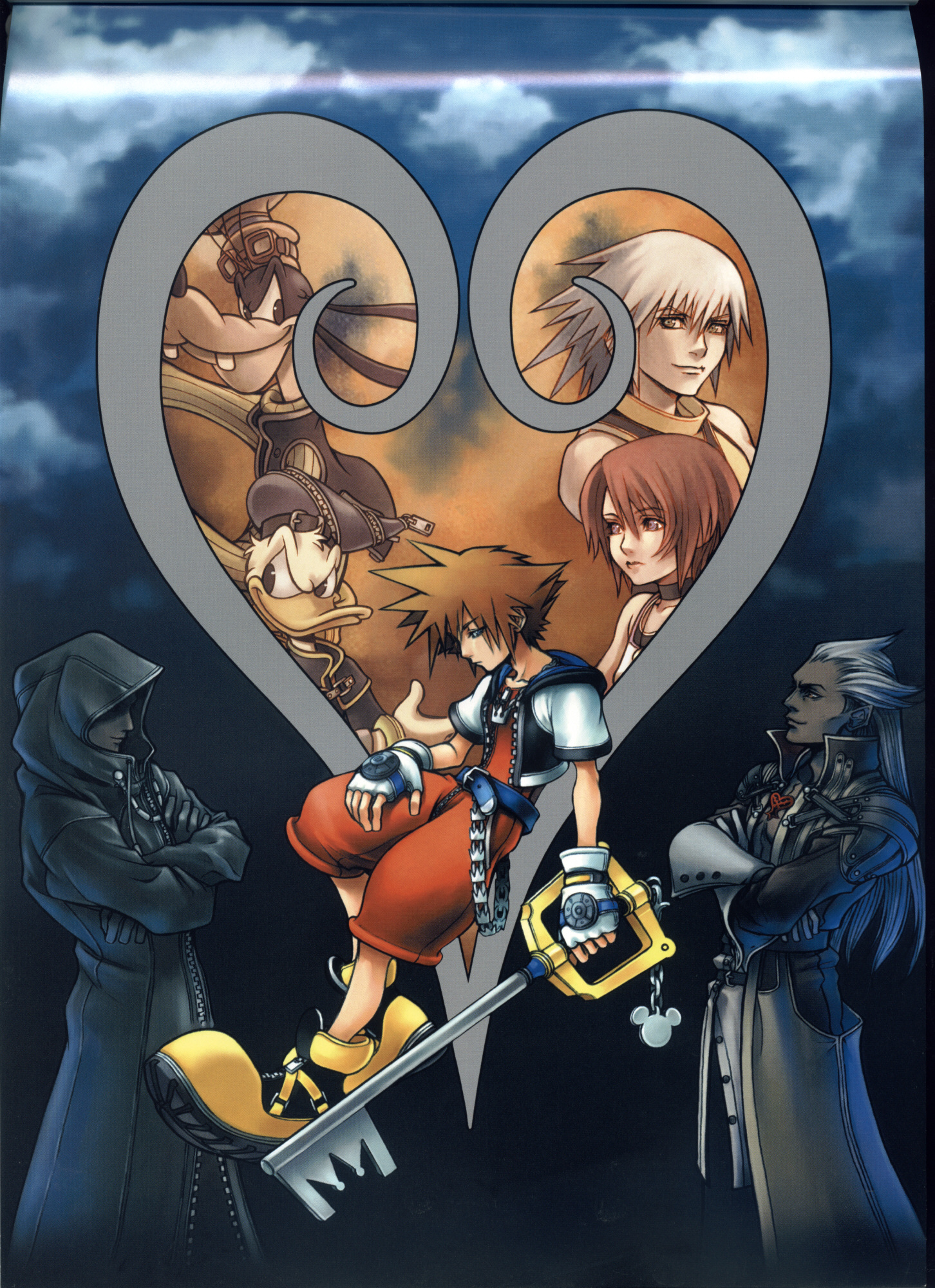 kairi (shery rakuura), nomura tetsuya, ansem, ansem seeker of darkness, donald duck, goofy, kairi (kingdom hearts), organization xiii, riku (kingdom hearts), sora (kingdom hearts), xehanort's heartless, xemnas, disney, kingdom hearts, kingdom hearts i, mickey mouse & friends, highres, official art, scan, scan artifacts, 1girl, 6+boys, black coat (kingdom hearts), everyone, furry, keyblade, multiple boys