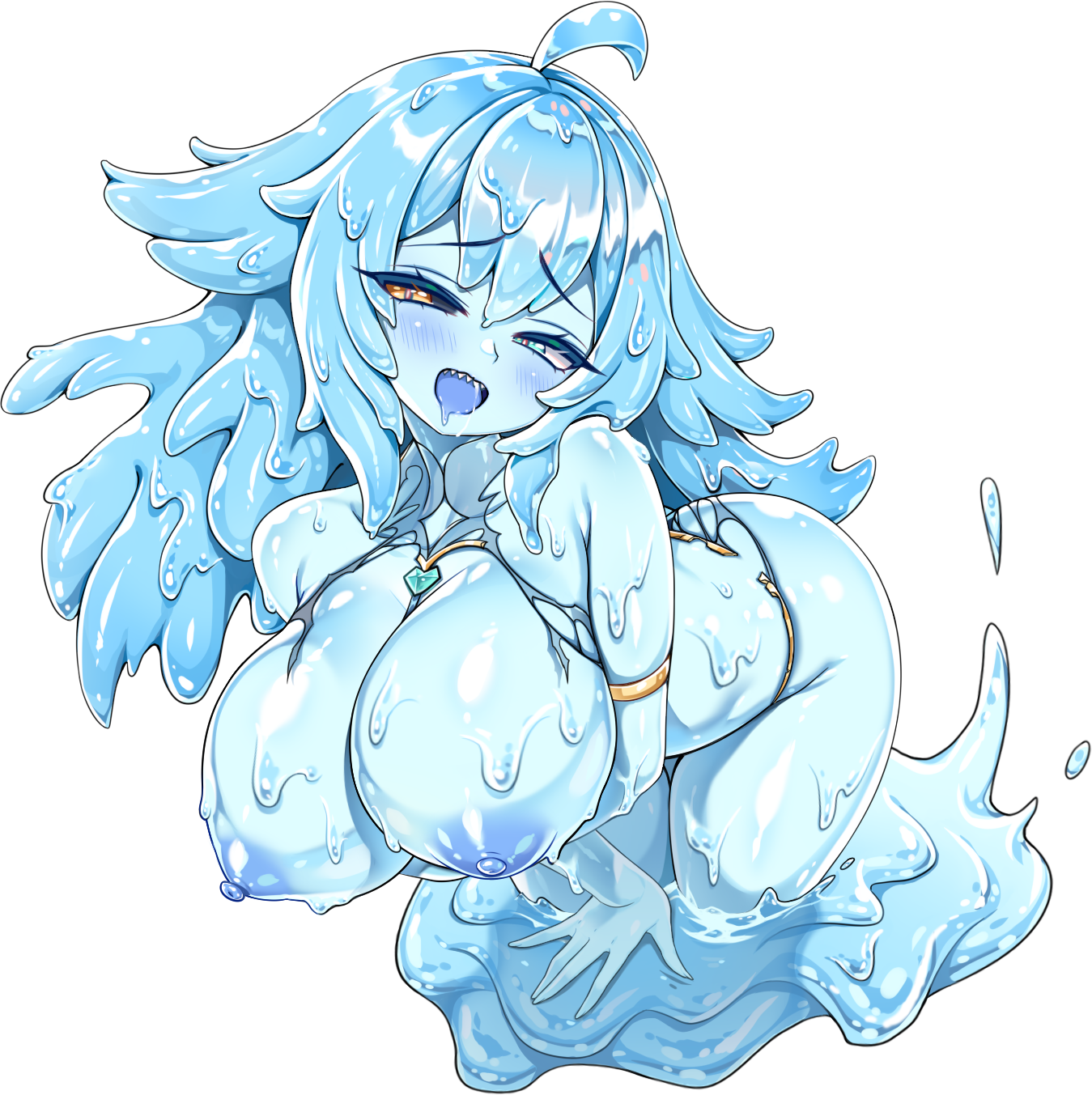 highres, non-web source, 1girl, :d, armlet, ass, bare shoulders, blue eyes, blue hair, breasts, brown eyes, collarbone, colored skin, jewelry, large breasts, long hair, looking at viewer, monster girl, no bra, open mouth, plump, simple background, slime girl, smile, solo, standing, toracreatives, very long hair, water