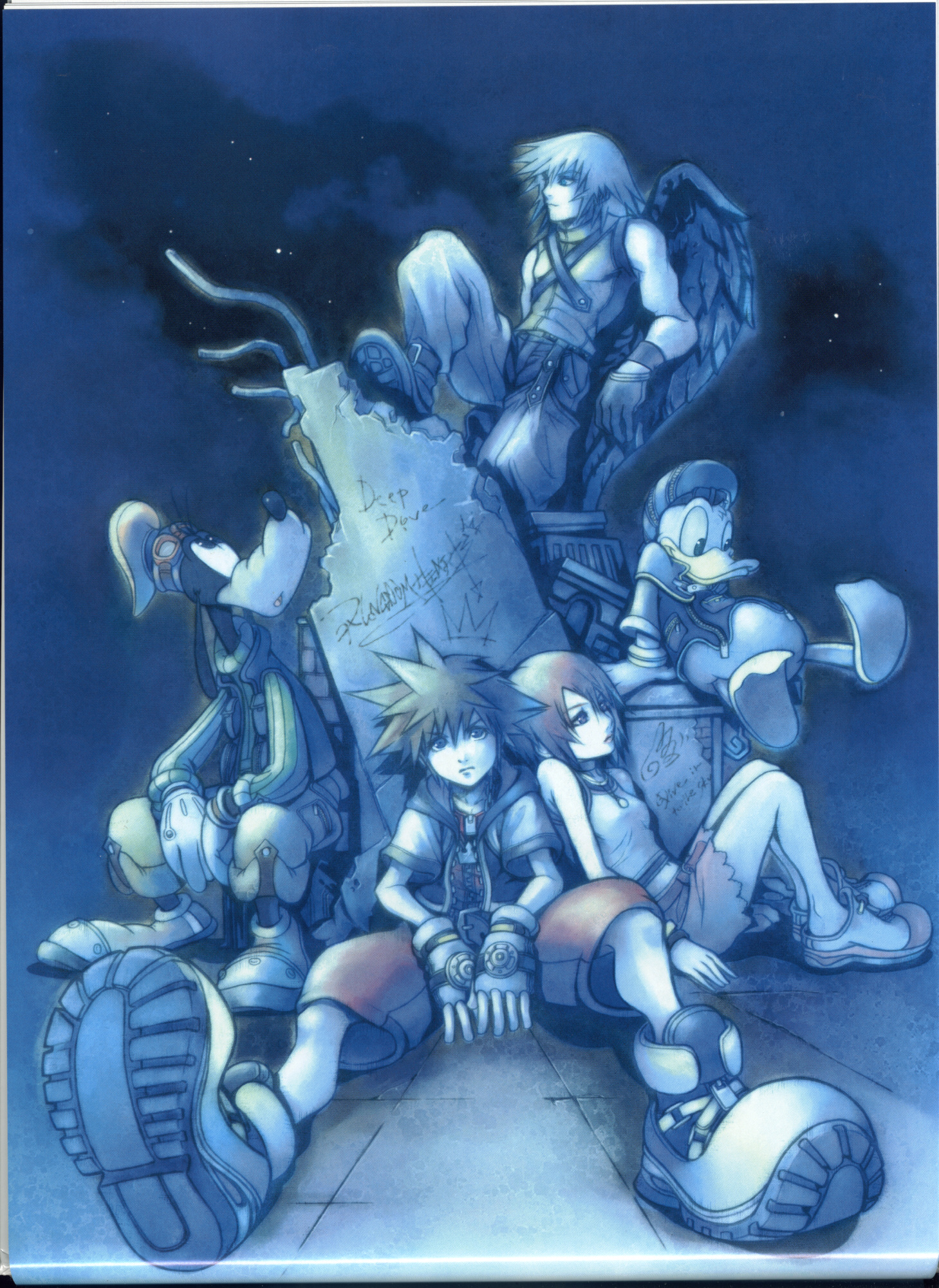 kairi (shery rakuura), nomura tetsuya, donald duck, goofy, kairi (kingdom hearts), riku (kingdom hearts), sora (kingdom hearts), disney, kingdom hearts, kingdom hearts i, mickey mouse & friends, highres, official art, scan, 1girl, 2boys, everyone, furry, multiple boys