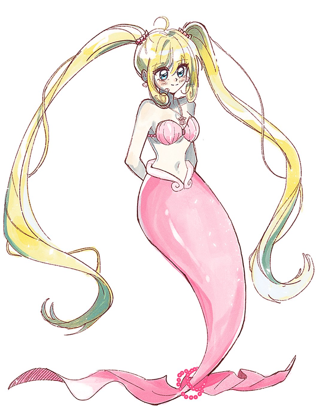mxhxkxcx, nanami lucia, nanami lucia (mermaid), mermaid melody pichi pichi pitch, commentary, highres, 1girl, ahoge, arms behind back, bikini, blonde hair, blue eyes, earrings, jewelry, long hair, navel, shell, shell bikini, shell earrings, simple background, smile, solo, swimsuit, twintails, very long hair, white background