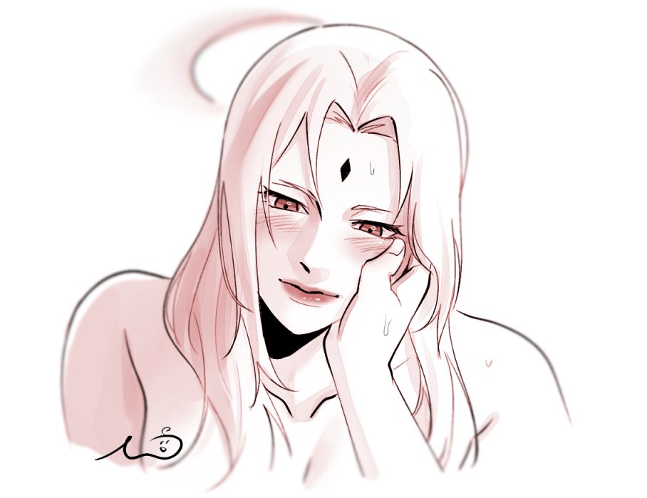 may c, shizune (naruto), tsunade (naruto), naruto (series), commentary, symbol-only commentary, 2girls, bare shoulders, breasts, facial mark, forehead mark, hand on another's cheek, hand on another's face, large breasts, limited palette, lipstick, makeup, multiple girls, signature, sweatdrop, yuri