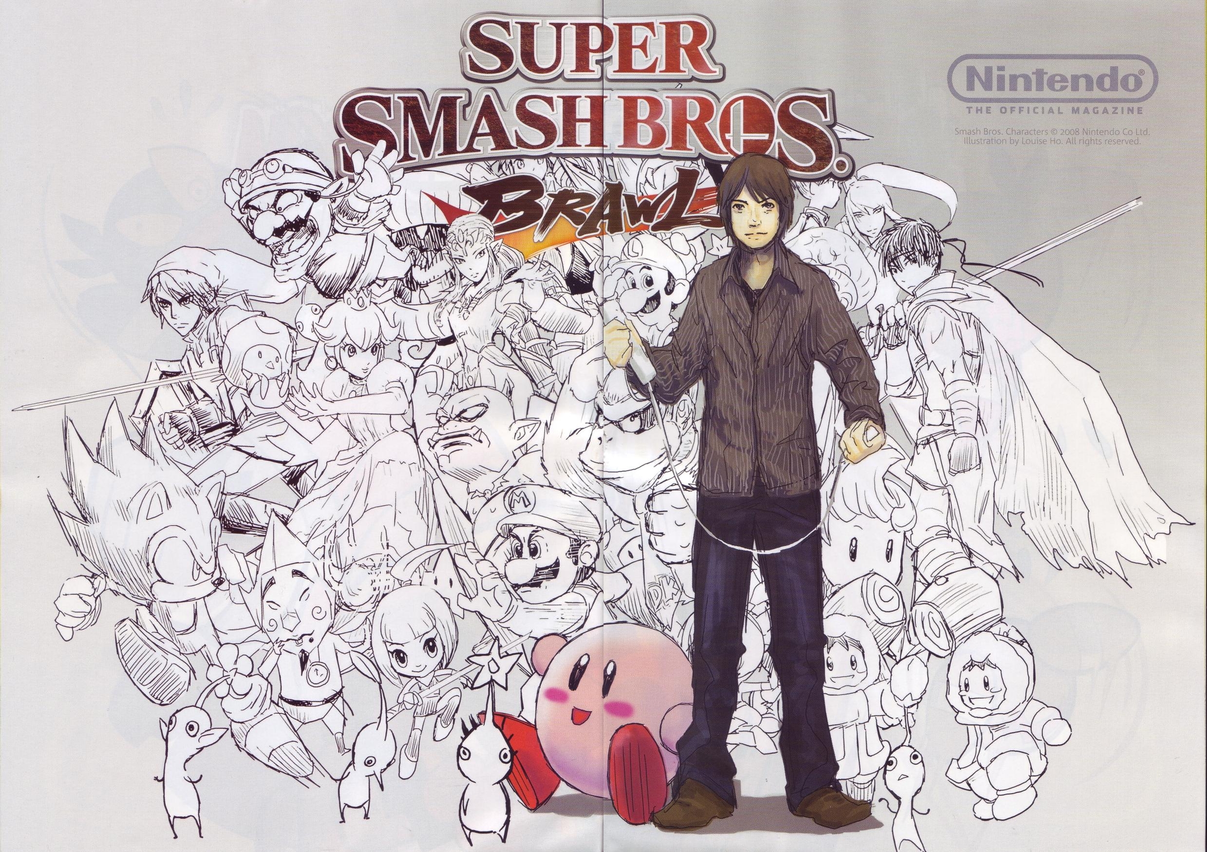 ana (warioware), blue pikmin, diddy kong, donkey kong, ice climbers, ike (fire emblem), kat (warioware), kirby, link, lucas (mother 3), luigi, mario, metroid (creature), metroid larva, nana (ice climber), popo (ice climber), princess peach, princess zelda, purple pikmin, red pikmin, sakurai masahiro, samus aran, sonic the hedgehog, stafy, starfy, tingle, toad (mario), wario, yellow pikmin, donkey kong (series), donkey kong country, fire emblem, fire emblem: path of radiance, ice climber, kirby (series), mario (series), metroid, mother (series), mother 3, nintendo, pikmin (series), real life, sonic (series), super smash bros., the legend of zelda, the legend of zelda: twilight princess, warioware, highres, scan, 5girls, 6+boys, creature, crossover, everyone, flower, game console, monkey, multiple boys, multiple crossover, multiple girls, ninja, pikmin (creature), pointy ears, wii