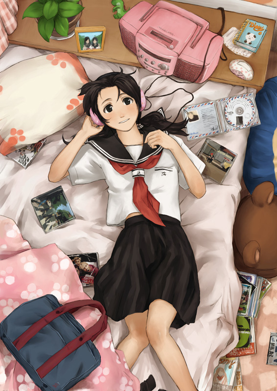 tamaru tokihiko, abbey road, original, the beatles, 1girl, bed, black hair, cd, female focus, headphones, listening to music, long hair, lying, school uniform, serafuku, solo