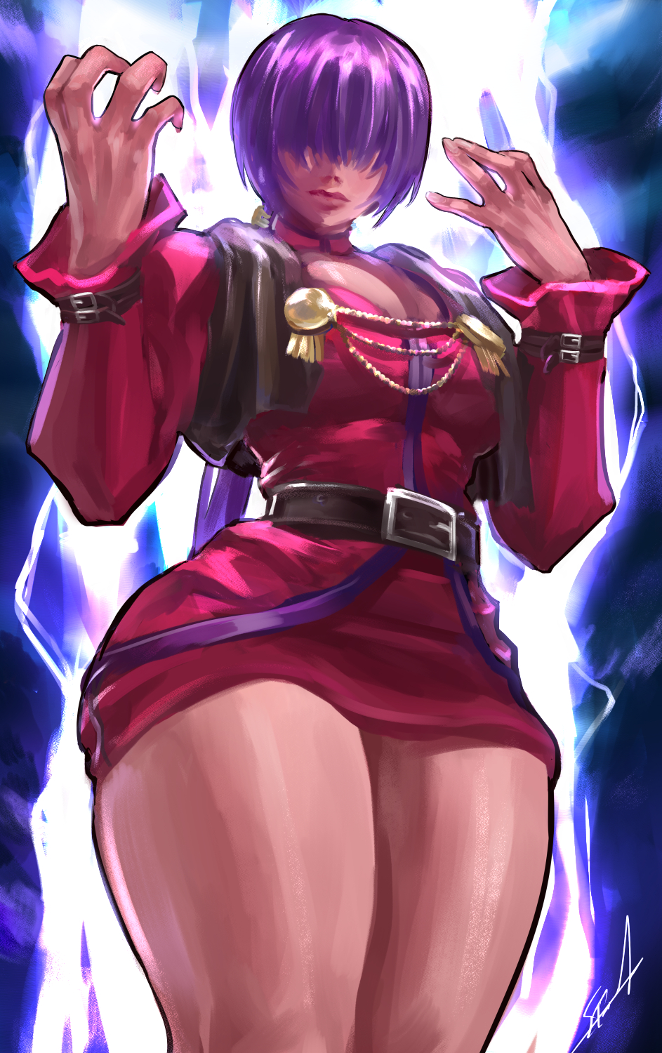 onishinx, orochi shermie, shermie (kof), the king of fighters, 1girl, breasts, cleavage, cleavage cutout, clothing cutout, curvy, dress, electricity, female focus, hands up, huge breasts, large breasts, long hair, long sleeves, orionm, pale skin, ponytail, purple hair, shiny skin, skirt, stanbl7, standing, thick thighs, thighs, thunder, wide hips