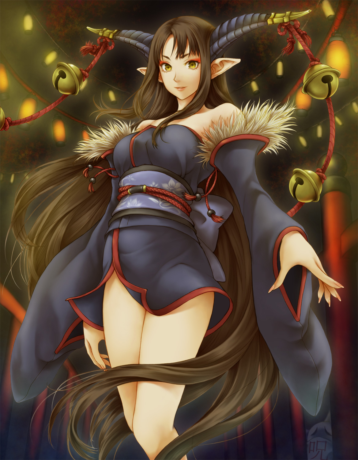 toshi, original, bad id, bad pixiv id, highres, bare shoulders, bell, brown hair, detached sleeves, eyeshadow, horns, long hair, makeup, pointy ears, solo, very long hair, yellow eyes