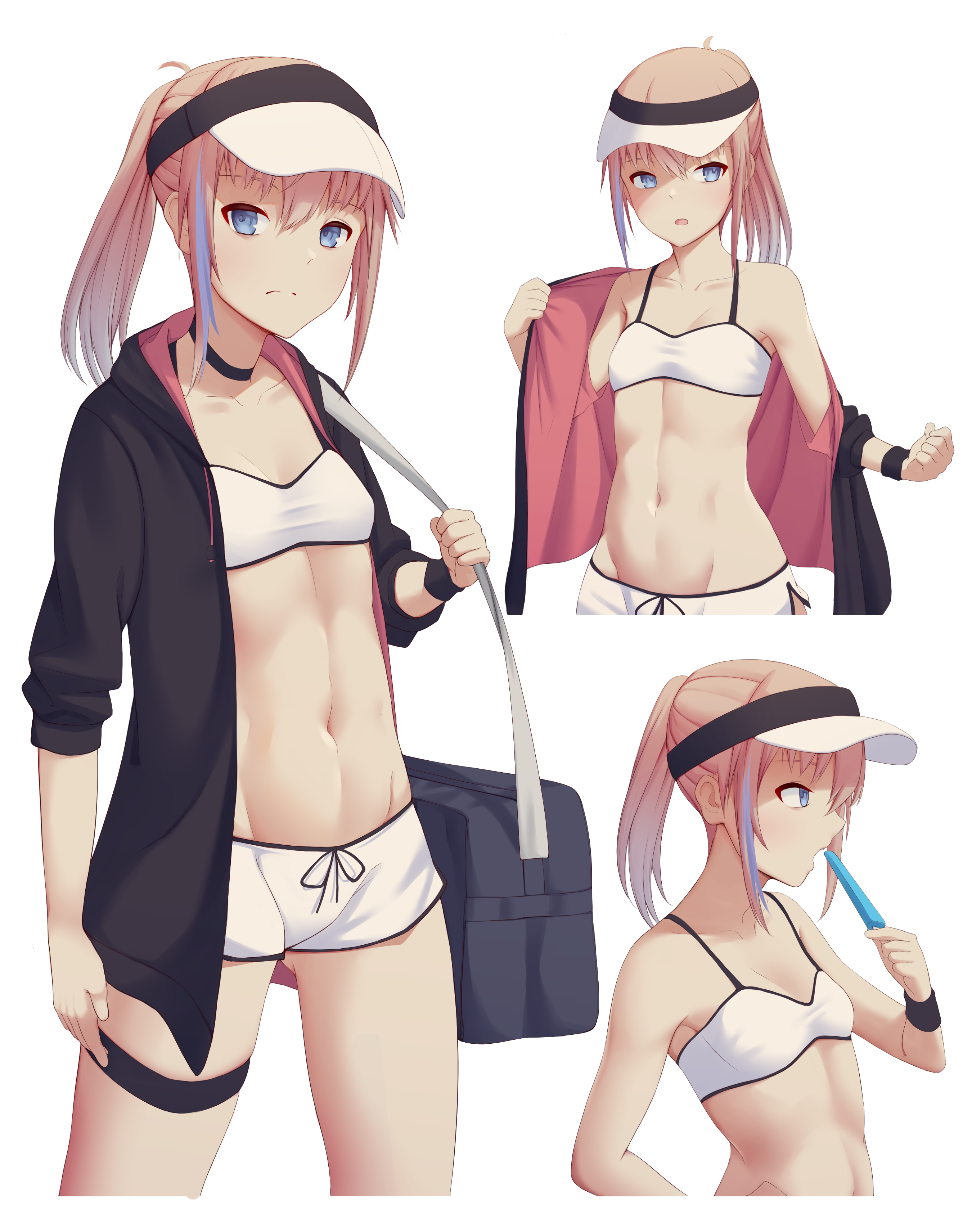 act (xadachit), st ar-15 (girls' frontline), girls' frontline, absurdres, commentary, highres, 1girl, alternate costume, bag, bikini, bikini shorts, black choker, black jacket, blue eyes, blue hair, breasts, choker, collarbone, cowboy shot, dated commentary, hair between eyes, jacket, long hair, looking at viewer, multicolored hair, multiple views, navel, open clothes, open jacket, open mouth, pink hair, ponytail, pout, school bag, short shorts, shorts, shoulder bag, simple background, small breasts, standing, stomach, streaked hair, swimsuit, thigh strap, visor cap, white background, white bikini, white shorts