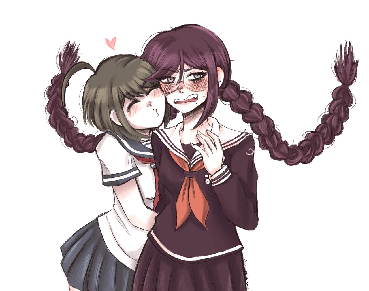 fukawa toko, naegi komaru, danganronpa: trigger happy havoc, danganronpa (series), danganronpa another episode: ultra despair girls, commentary, english commentary, 2girls, ahoge, axolotl-anne, blue sailor collar, blue sky, blush, braid, closed eyes, collared shirt, eyelashes, floating hair, glasses, green hair, heart, long hair, long sleeves, mole, mole under mouth, multiple girls, neckerchief, open mouth, puckered lips, purple hair, purple serafuku, purple shirt, purple skirt, red neckerchief, round eyewear, sailor collar, school uniform, serafuku, shirt, short hair, short sleeves, skirt, skirt set, sky, sweatdrop, teasing, teeth, twin braids, twintails, upper teeth only, white sailor collar, white shirt, yuri