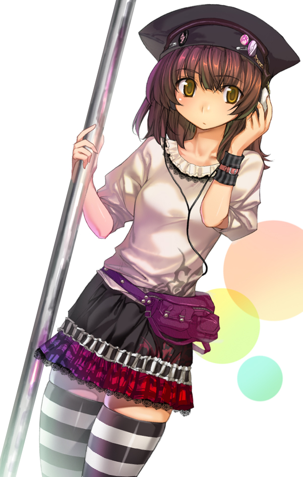 onono imoko, original, brown hair, hat, headphones, miniskirt, pole, pouch, short hair, skindentation, skirt, solo, striped clothes, striped thighhighs, thighhighs, wristband, yellow eyes, zettai ryouiki