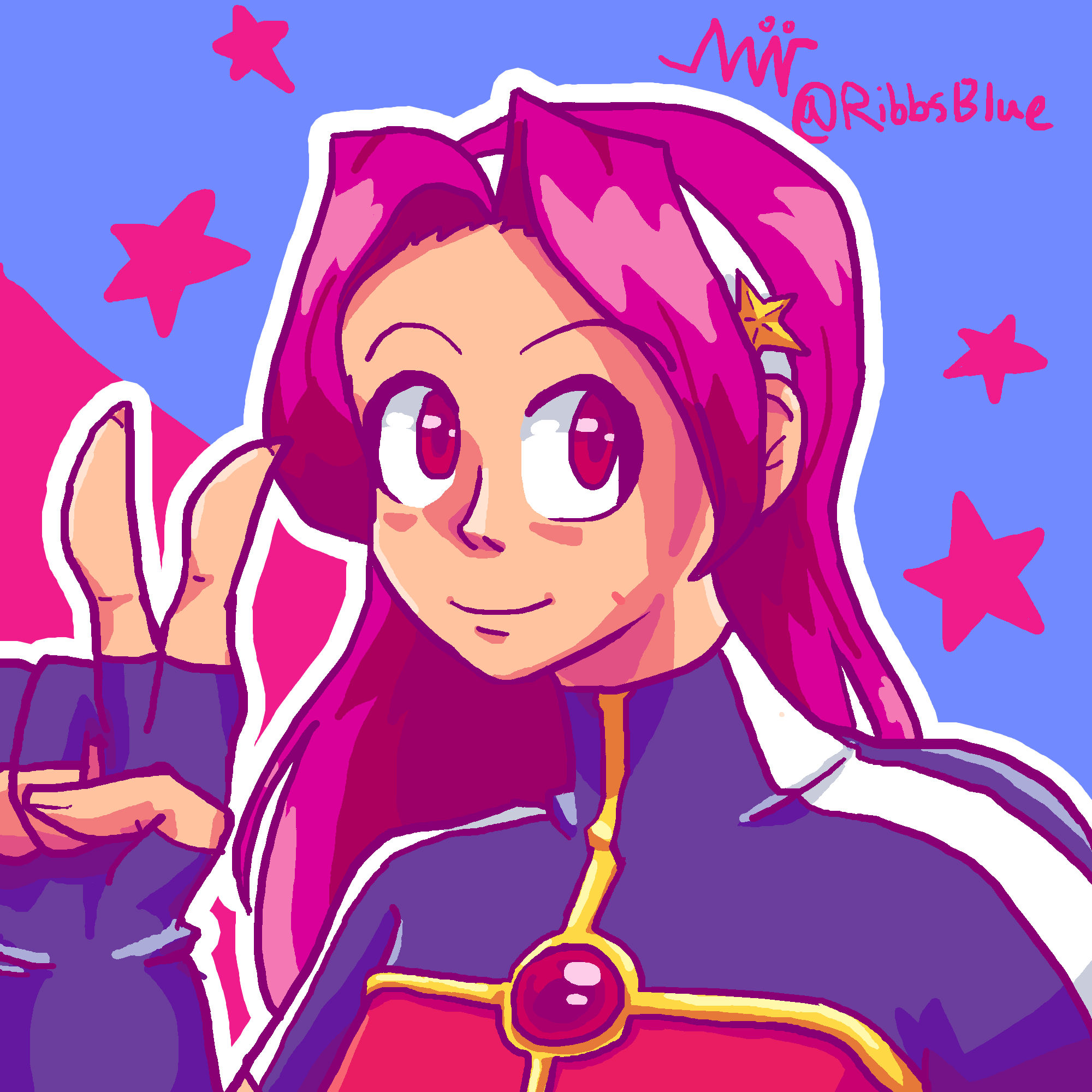 asamiya athena, the king of fighters, 1girl, blueribbs, female focus, gloves, hairband, hand signs, hand up, long hair, purple hair, red eyes, shirt, smile, smiley face, star (symbol)