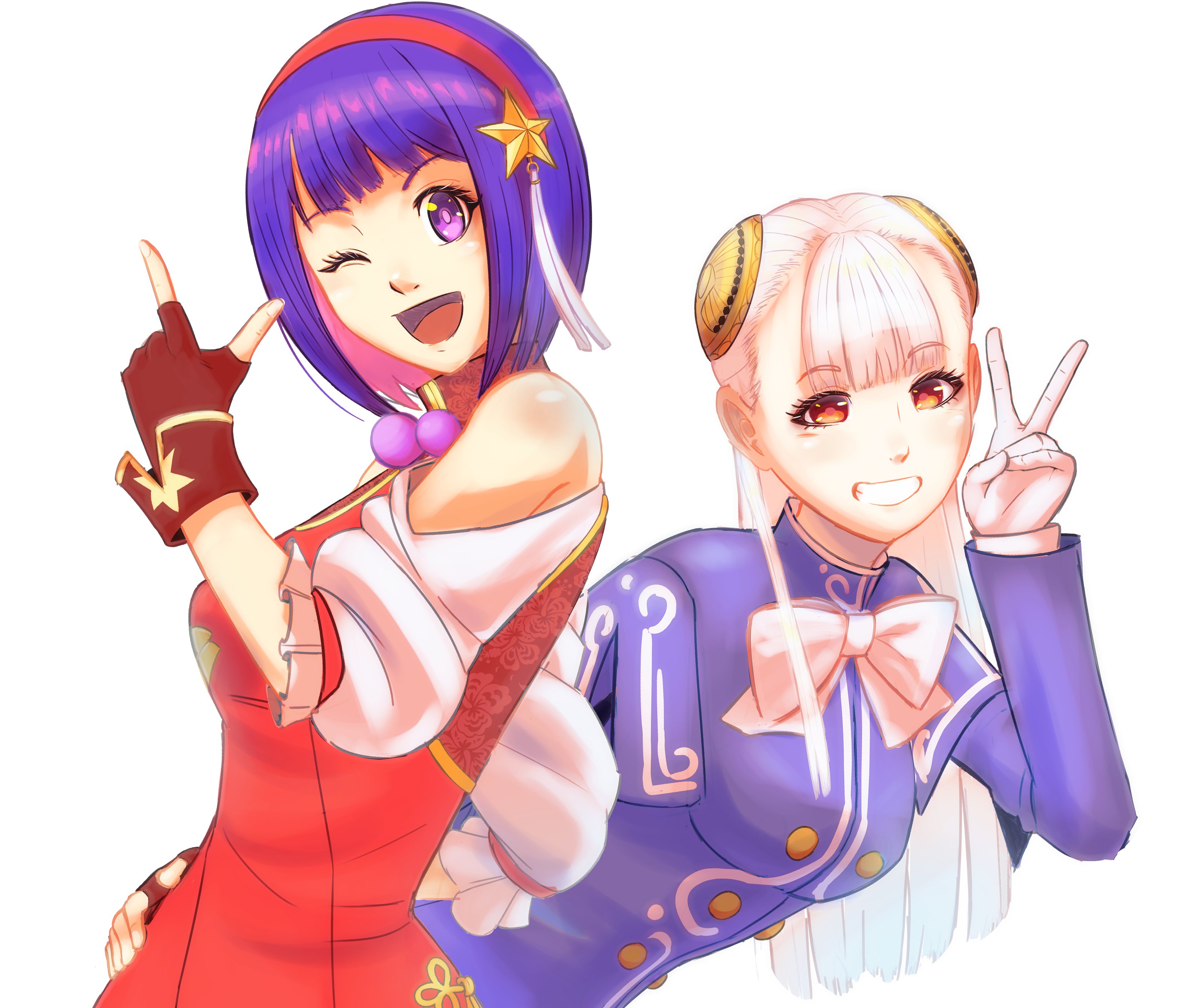 asamiya athena, ingrid (capcom), street fighter, the king of fighters, 2girls, breasts, dress, female focus, gloves, hairband, hand up, hands up, large breasts, looking at viewer, magical girl, medium breasts, multiple girls, one eye closed, open mouth, pale skin, purple eyes, purple hair, short hair, smile, smiley face, star (symbol), tiotonhoredgrav, wide hips, wink
