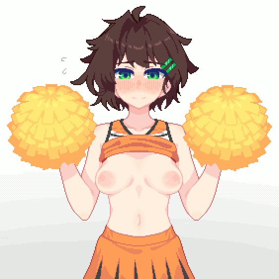 hurumero, hanekenomichi-chan, original, animated, animated gif, paid reward available, 1girl, blush, breasts, brown hair, cheerleader, closed eyes, closed mouth, clothes lift, collarbone, facing viewer, green eyes, hair ornament, hairclip, holding, holding pom poms, looking at viewer, medium breasts, navel, nipples, nose blush, open mouth, orange shirt, orange skirt, parallel hairclips, pom pom (cheerleading), pom poms, shirt, shirt lift, short hair, simple background, skirt, sleeveless, sleeveless shirt, solo, white background