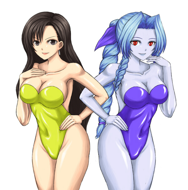 kuroitsuki, aerith gainsborough, pollensalta, snow (ff7), tifa lockhart, final fantasy, final fantasy vii, arm grab, 2girls, bare shoulders, black eyes, black hair, blue hair, blue ribbon, blue skin, braid, breasts, brown eyes, cleavage, colored skin, cosplay, earrings, hair ribbon, hand on own hip, hip focus, holding another's arm, jewelry, leotard, long hair, multiple girls, one-piece swimsuit, pollensalta (cosplay), red eyes, ribbon, single braid, smile, snow (ff7) (cosplay), swimsuit, transformation