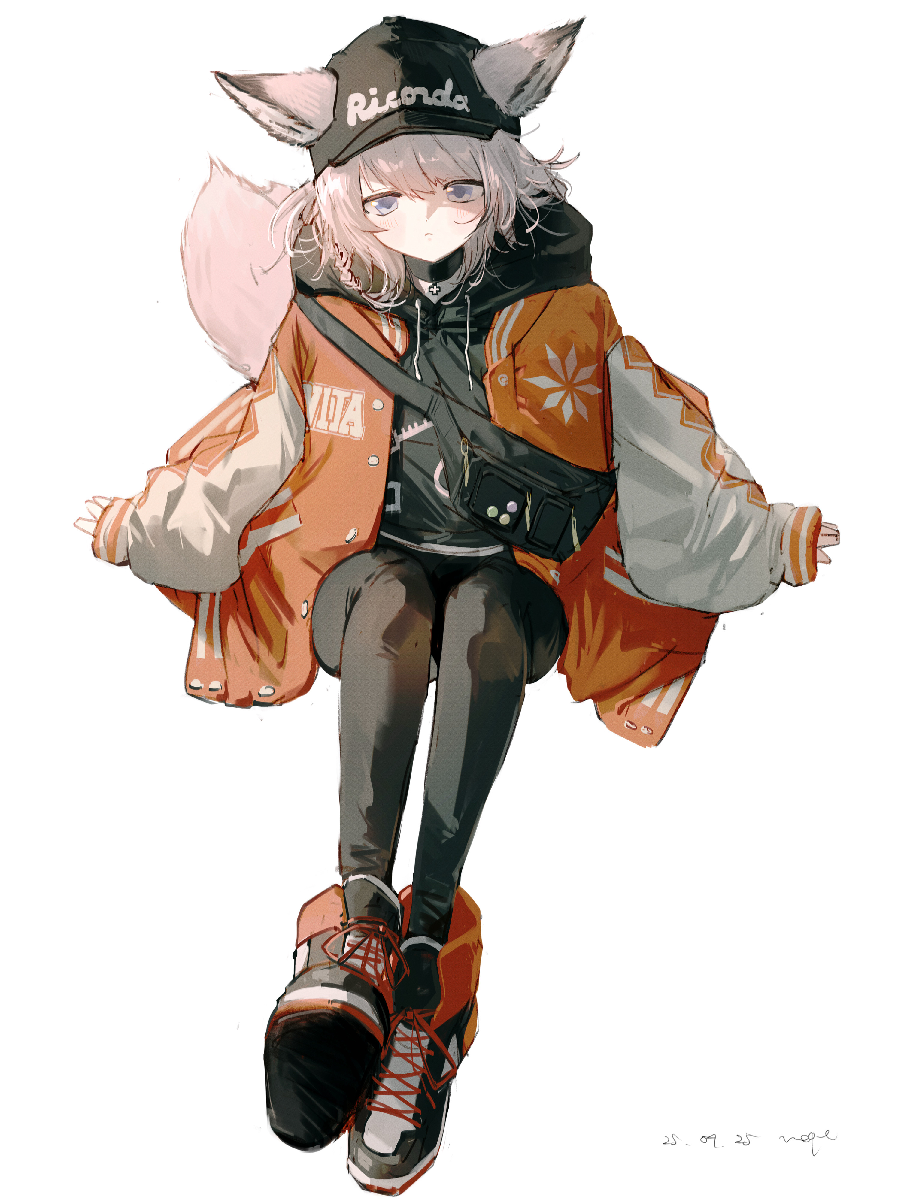 pppmepl, sussurro (arknights), sussurro (travel freely) (arknights), arknights, absurdres, commentary, english commentary, highres, 1girl, animal ears, bag, black hat, black pants, blue eyes, closed mouth, dated, ears through headwear, fox ears, fox girl, fox tail, grey hair, hat, hood, hood down, jacket, long sleeves, looking at viewer, official alternate costume, open clothes, open jacket, orange jacket, pants, puffy long sleeves, puffy sleeves, shoes, shoulder bag, signature, simple background, sleeves past wrists, sneakers, solo, tail, white background