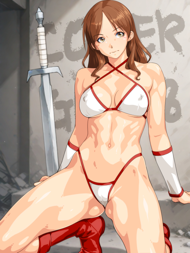 qkat (arikawa-dou), tyris flare, golden axe, commentary request, 1girl, abs, bikini, boots, bracer, breasts, brown hair, cameltoe, covered erect nipples, criss-cross halter, english text, halterneck, highleg, highleg bikini, kneeling, long hair, looking at viewer, navel, solo, swimsuit, sword, weapon, white bikini