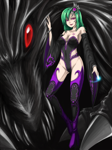 kuroitsuki, rydia (adult) (ff4), rydia (ff4), final fantasy, final fantasy iv, square enix, 1990s (style), 1girl, aged up, black dragon, boots, breasts, cleavage, corruption, dark persona, detached sleeves, dragon, female focus, green hair, magic, purple eyes, red eyes, retro artstyle, short hair, solo, thigh boots, thighhighs, transformation