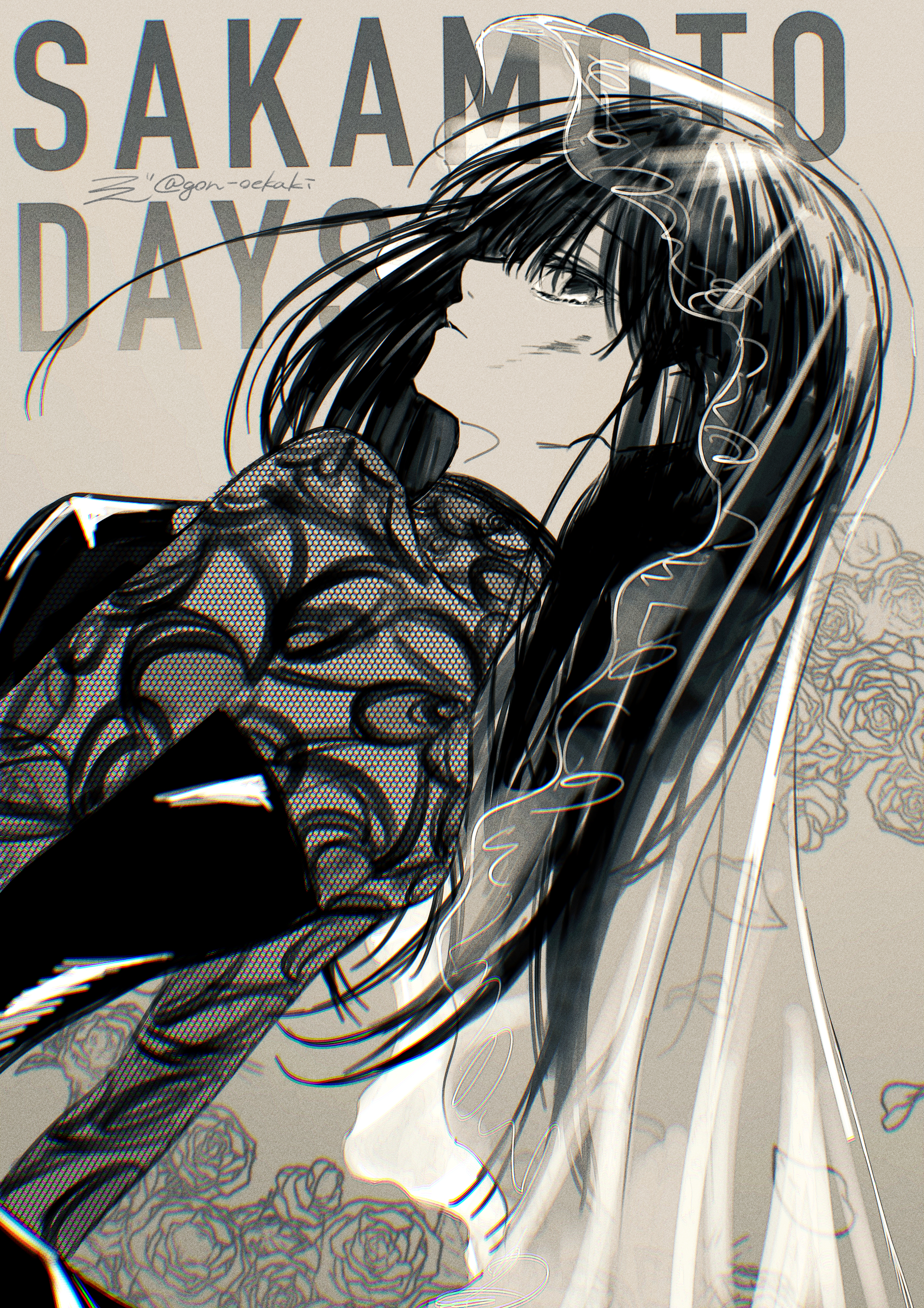 gon oekaki, osaragi (sakamoto days), sakamoto days, absurdres, highres, 1girl, black dress, black eyes, black hair, copyright name, dress, lace-trimmed veil, lace trim, long hair, long sleeves, looking at viewer, see-through clothes, see-through dress, sideways glance, signature, simple background, solo, veil