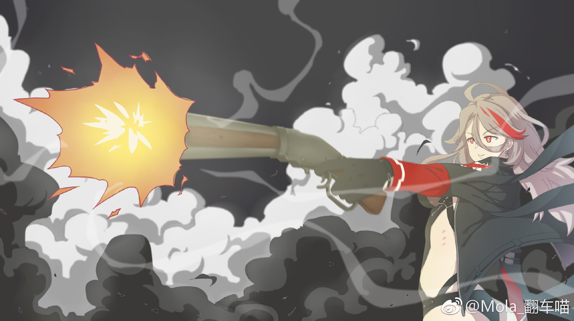 m1887 (girls' frontline), girls' frontline, highres, 1girl, breasts, earrings, fanfanfancheyu, fire, gun, holding, holding gun, holding weapon, jacket, jewelry, lever action, long hair, multicolored hair, open mouth, red eyes, shotgun, smile, solo, standing, weapon, winchester model 1887