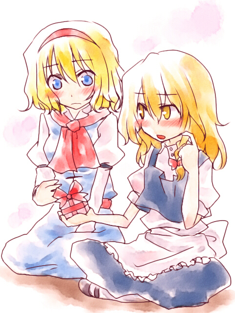myama, alice margatroid, kirisame marisa, touhou, 2girls, blonde hair, blue eyes, blush, braid, faux traditional media, female focus, gift, hairband, indian style, multiple girls, nervous, no headwear, short hair, sitting, yellow eyes
