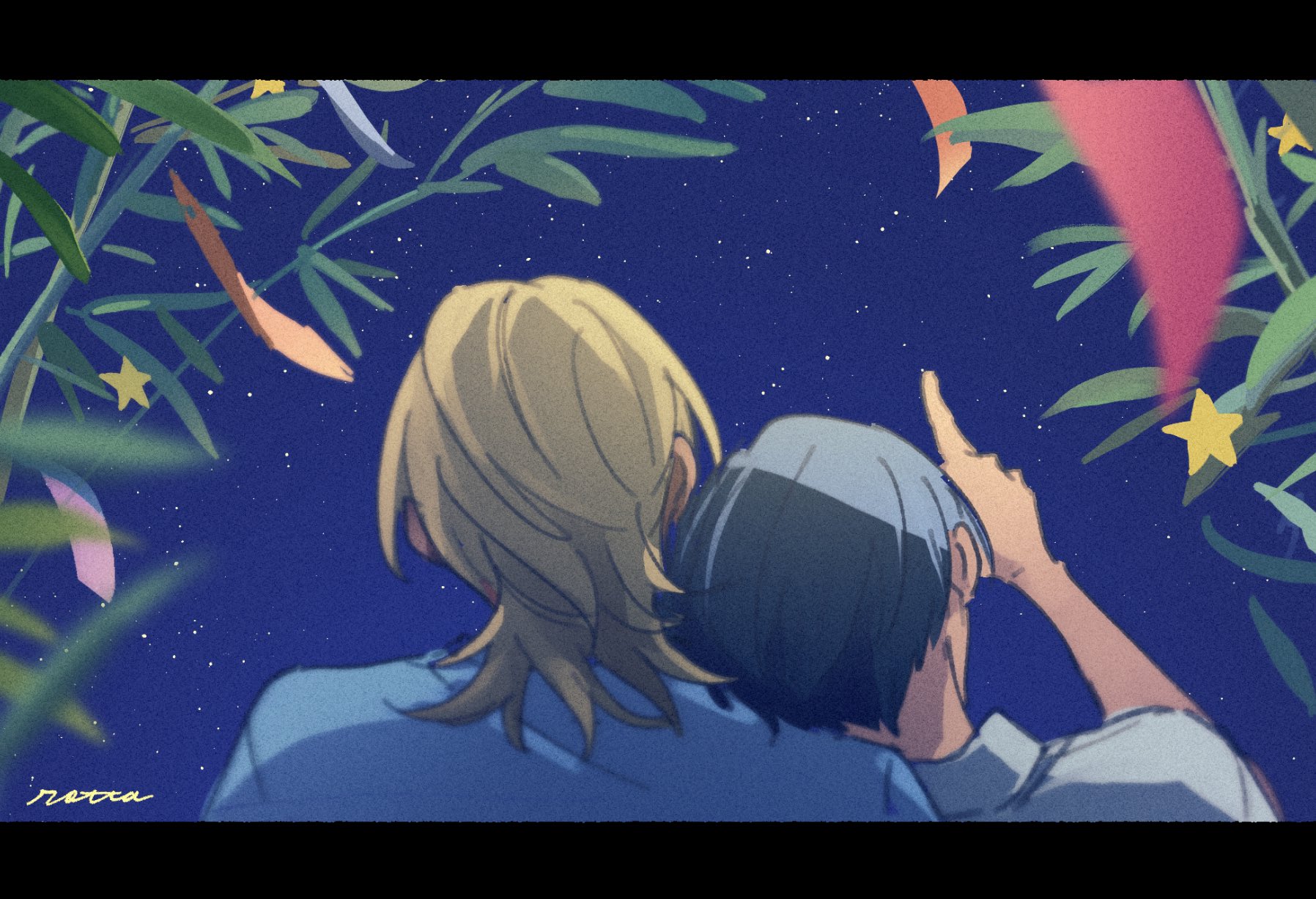 akutsu mabu, niiboshi reo, sarazanmai, commentary request, highres, 2boys, bamboo, black hair, blonde hair, blue shirt, facing away, leaning on person, letterboxed, male focus, multiple boys, night, pointing, shaaark rotta03, shirt, short hair, signature, star (sky), star (symbol), tanabata, tanzaku, yaoi