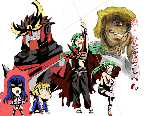 furude rika, houjou satoko, kamina (ttgl), maebara keiichi, simon (ttgl), sonozaki mion, sonozaki shion, yoko littner, higurashi no naku koro ni, tengen toppa gurren lagann, 2boys, 4girls, bad anatomy, blonde hair, blue hair, cosplay, crossover, green hair, kamina (cosplay), kamina pose, mecha, mechanization, multiple boys, multiple girls, parody, pointing, pointing up, poorly drawn, quality, robot, siblings, simon (cosplay), sisters, twins, yoko littner (cosplay)