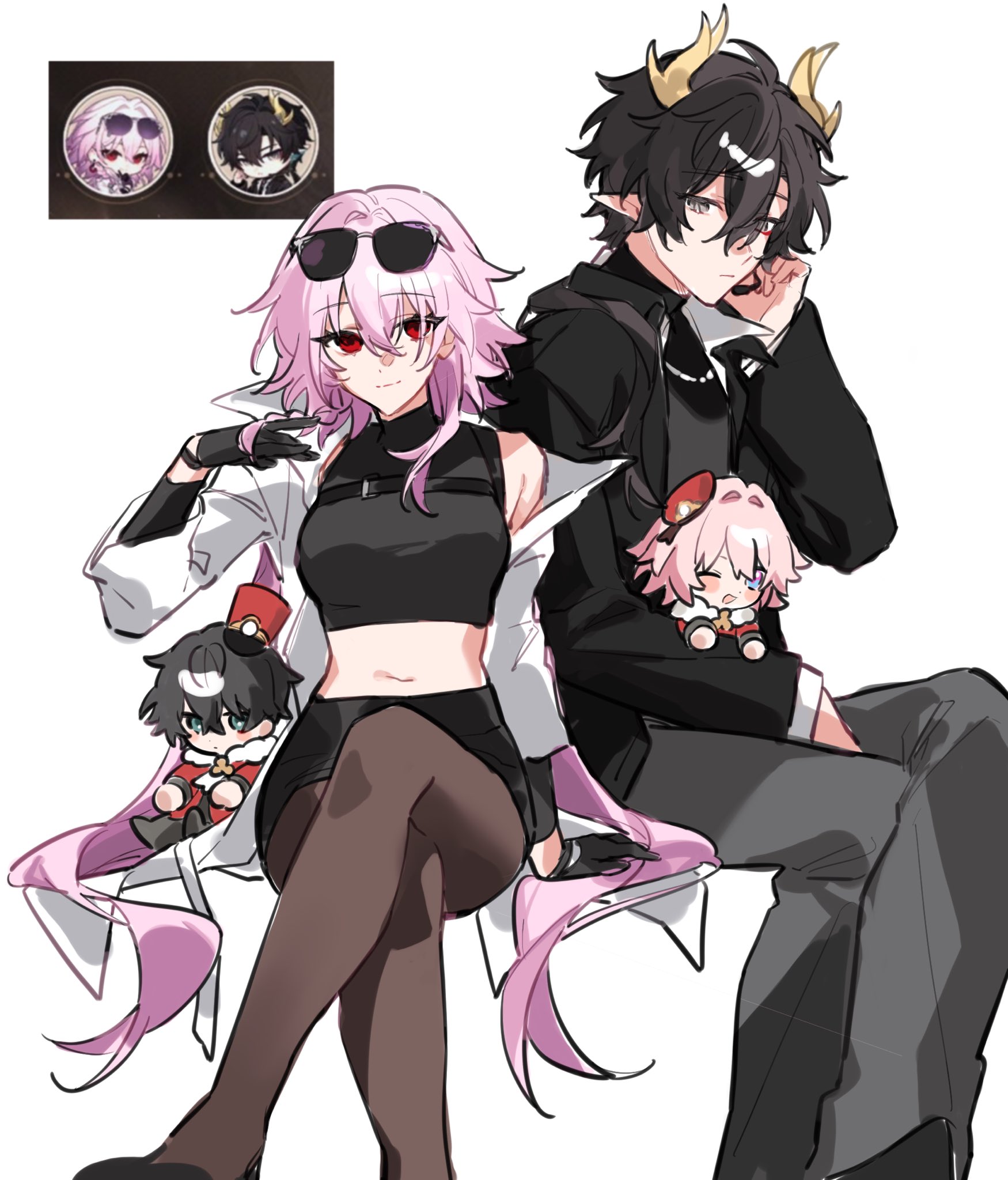 alkalilyy, dan heng (honkai: star rail), dan heng (imbibitor lunae) (honkai: star rail), dan heng (permansor terrae) (honkai: star rail), evernight (honkai: star rail), march 7th (honkai: star rail), honkai: star rail, honkai (series), highres, 1boy, 1girl, black gloves, black hair, breasts, coat, crossed legs, dan heng (lurking) (honkai: star rail), dragon boy, dragon horns, evernight (lurking) (honkai: star rail), eyeliner, gloves, grey eyes, hair between eyes, horns, long hair, long sleeves, makeup, midriff, official alternate costume, pants, pink hair, pointy ears, red eyeliner, red eyes, single bare shoulder, sunglasses, thighhighs, very long hair