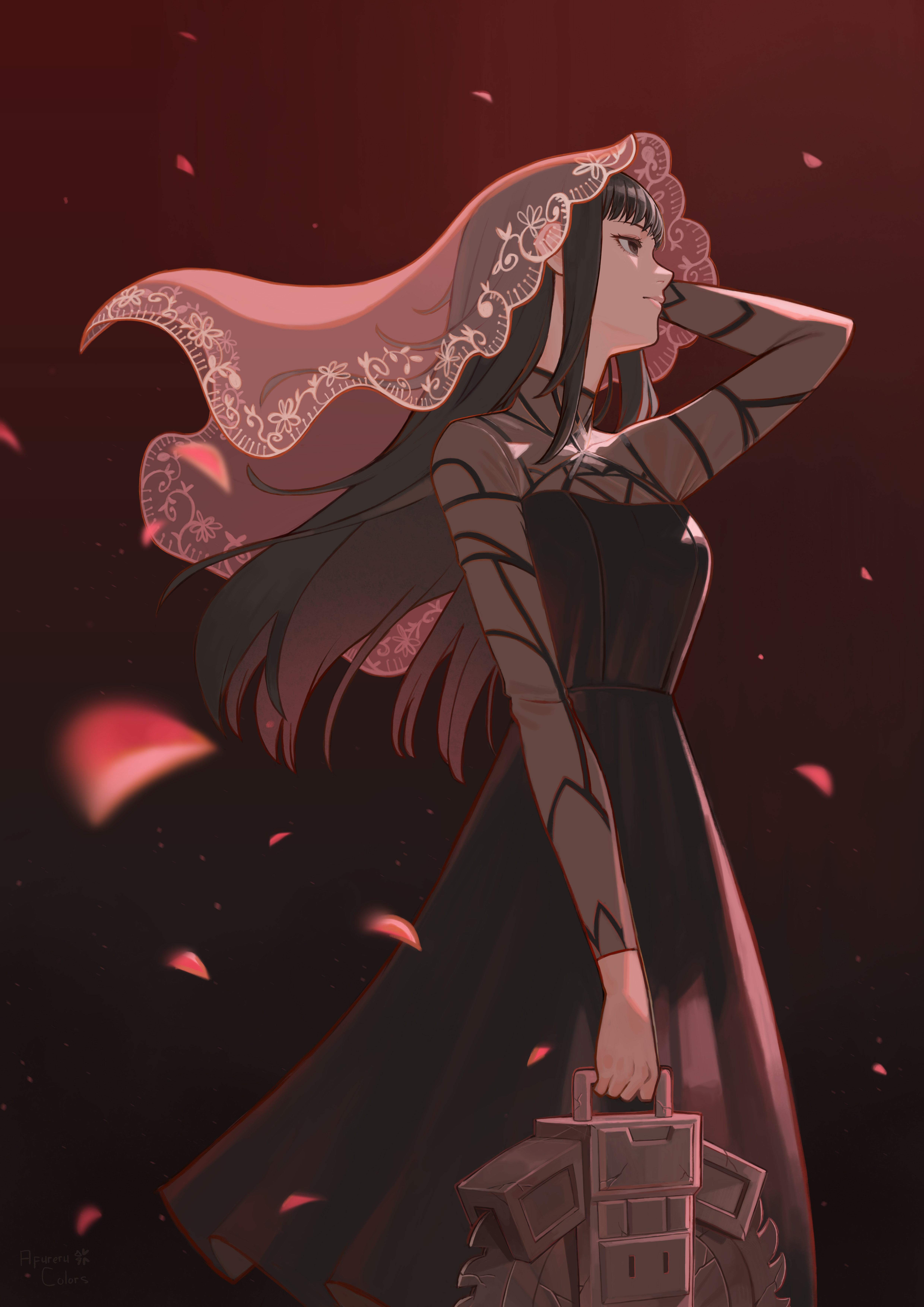 afureru colors, osaragi (sakamoto days), sakamoto days, absurdres, highres, making-of available, 1girl, black background, black dress, black eyes, black hair, dress, gradient background, lace-trimmed veil, lace trim, long hair, long sleeves, red background, see-through clothes, see-through dress, weapon