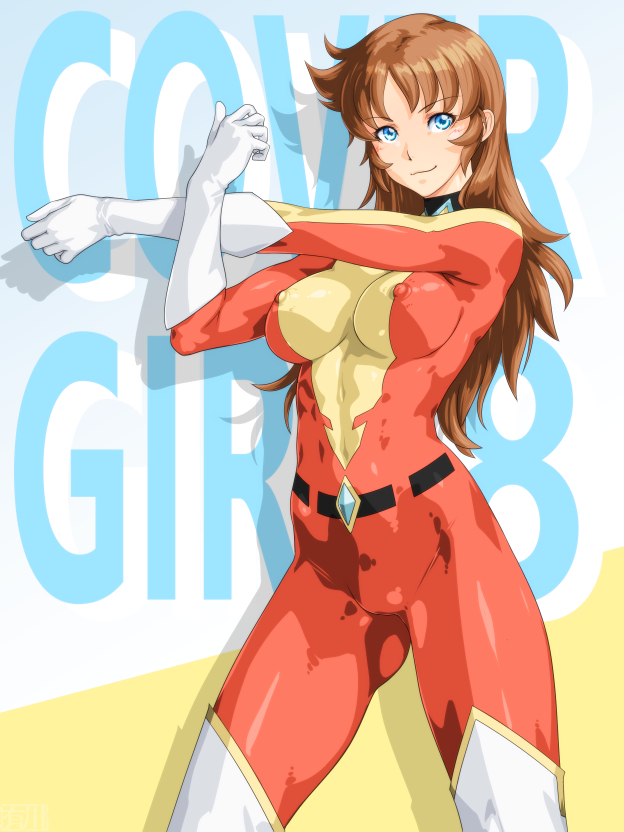 qkat (arikawa-dou), maria grace fleed, mazinger (series), ufo robo grendizer, commentary request, 1girl, belt, blue eyes, bodysuit, boots, brown hair, covered erect nipples, covered navel, english text, gloves, long hair, looking at viewer, multicolored bodysuit, red bodysuit, skin tight, smile, solo, thigh boots, white boots, white gloves, yellow bodysuit