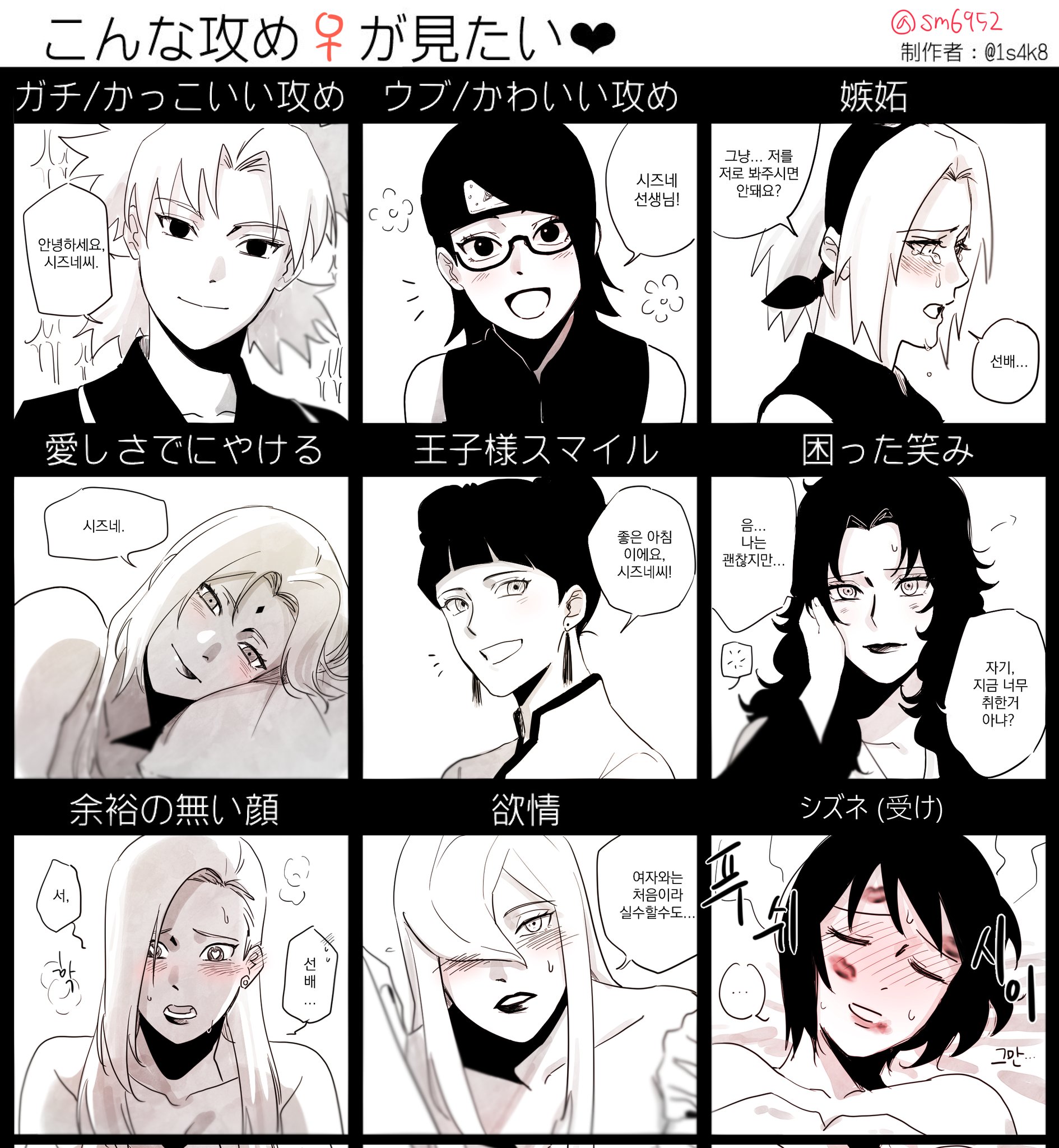 may c, haruno sakura, shizune (naruto), temari (naruto), tenten (naruto), terumi mei, tsunade (naruto), uchiha sarada, yamanaka ino, yuuhi kurenai, boruto: naruto next generations, naruto (series), naruto shippuuden, commentary request, corrupted twitter file, highres, korean commentary, translation request, 6+girls, blunt bangs, blush, crying, double bun, earrings, facial mark, forehead mark, forehead protector, glasses, greyscale, hair bun, hairband, hand on another's cheek, hand on another's face, head steam, headband, jewelry, korean text, lipstick, makeup, mixed-language text, monochrome, multiple girls, short hair, smile, spot color, steam, tears