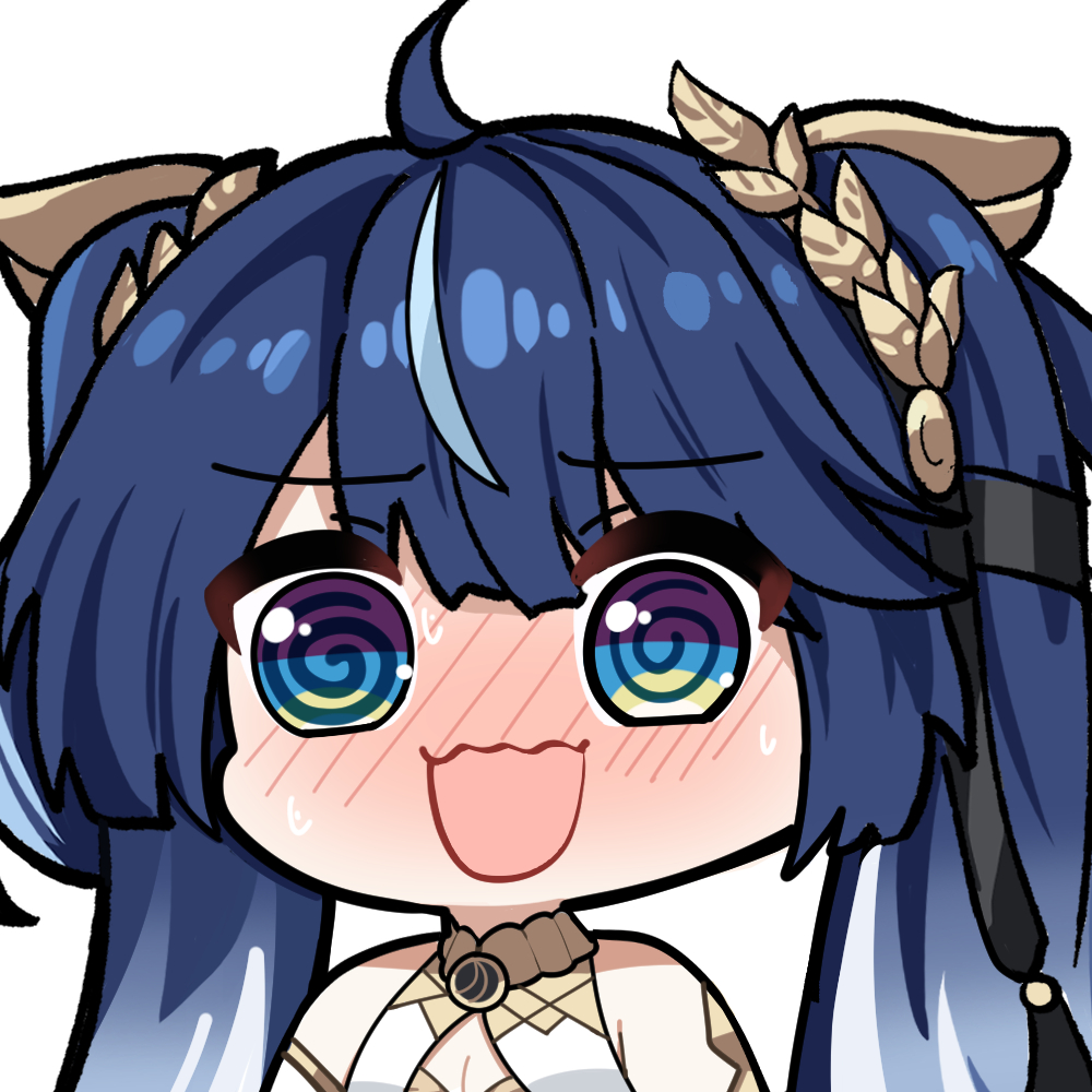 twomoon, iuno (wuthering waves), wuthering waves, commentary, english commentary, revision, 1girl, @ @, ahoge, armlet, bare shoulders, blue hair, blush, breasts, chibi, chibi only, cleavage, gradient hair, jewelry, laurel crown, long hair, medium breasts, multicolored hair, nose blush, open mouth, simple background, smile, solo, streaked hair, sweat, twintails, white background
