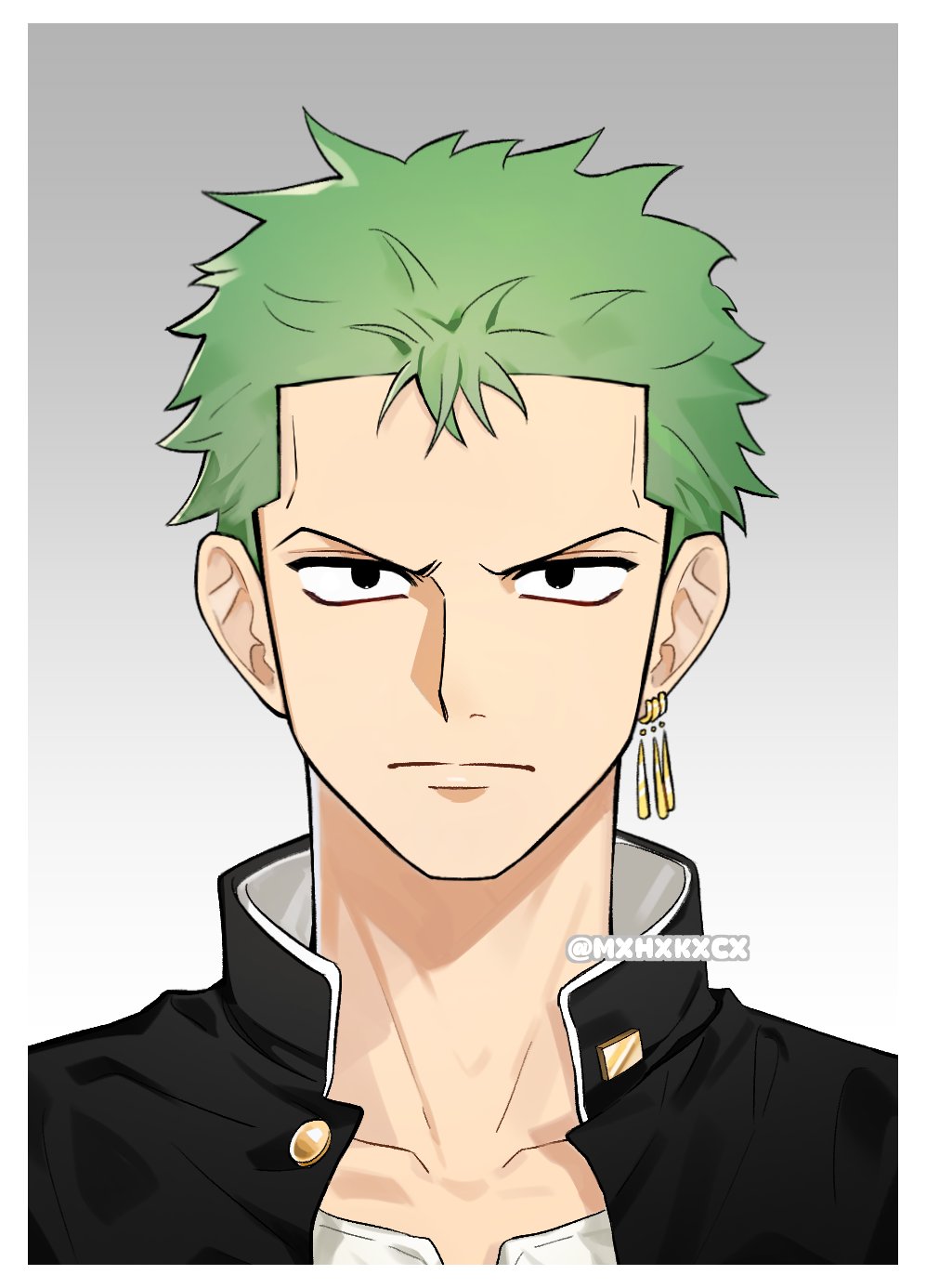 mxhxkxcx, roronoa zoro, one piece, highres, 1boy, black eyes, border, closed mouth, collarbone, earrings, gradient background, green hair, grey background, jewelry, looking at viewer, male focus, portrait, shirt, short hair, single earring, solo, twitter username, upper body, white border, white shirt