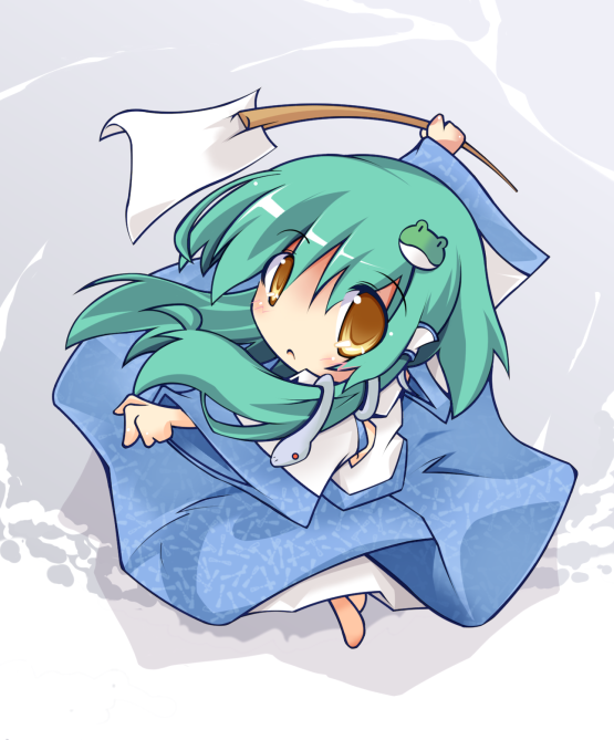 take tonbo, kochiya sanae, touhou, 1girl, barefoot, chibi, female focus, full body, grey background, solo