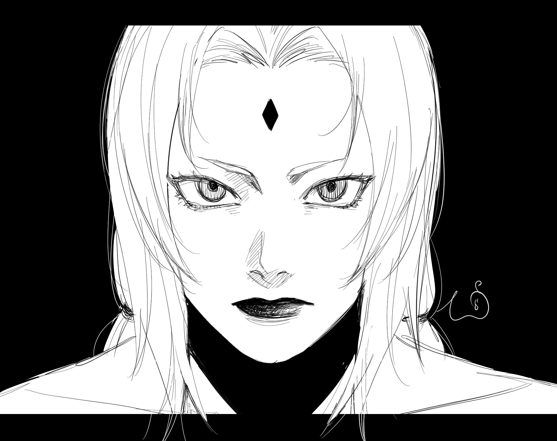 may c, tsunade (naruto), naruto (series), commentary request, highres, 1girl, bare shoulders, collarbone, expressionless, facial mark, forehead, forehead mark, letterboxed, low twintails, monochrome, portrait, signature, sketch, solo, twintails