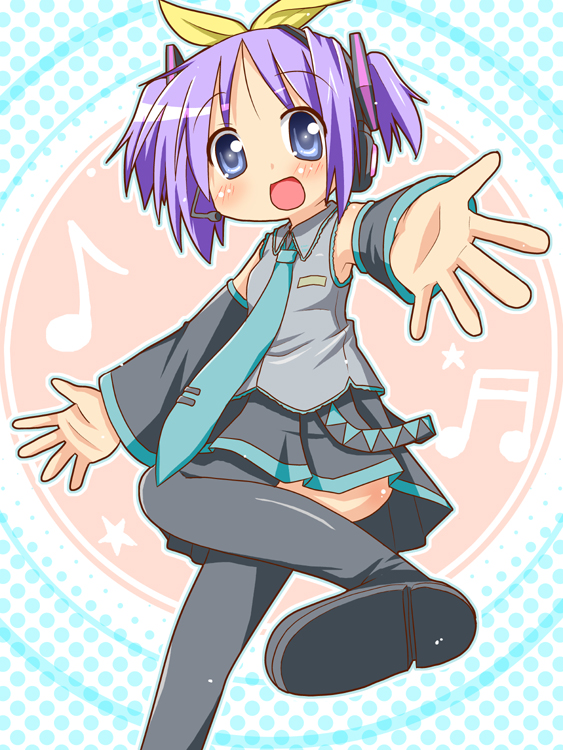 minami (colorful palette), hatsune miku, hiiragi tsukasa, lucky star, vocaloid, cosplay, hatsune miku (cosplay), solo, thighhighs