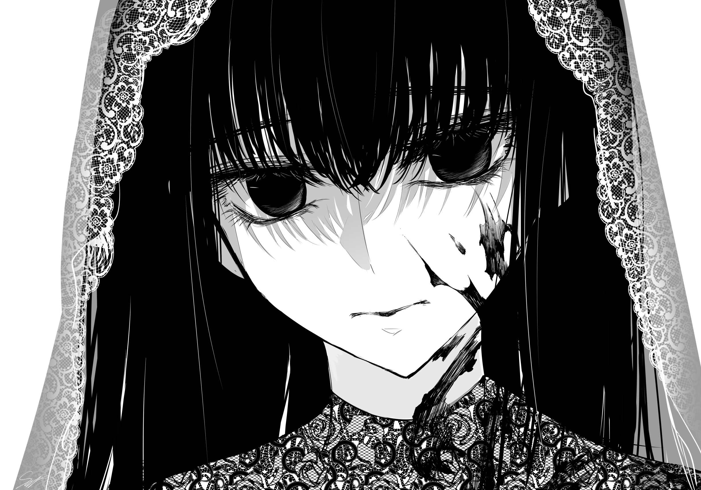 neonewcatnyan, osaragi (sakamoto days), sakamoto days, highres, 1girl, bags under eyes, black dress, black eyes, black hair, blood, blood on clothes, blood on face, closed mouth, dress, fishnets, lace-trimmed veil, lace trim, long hair, monochrome, see-through clothes, see-through dress, solo, veil, white background