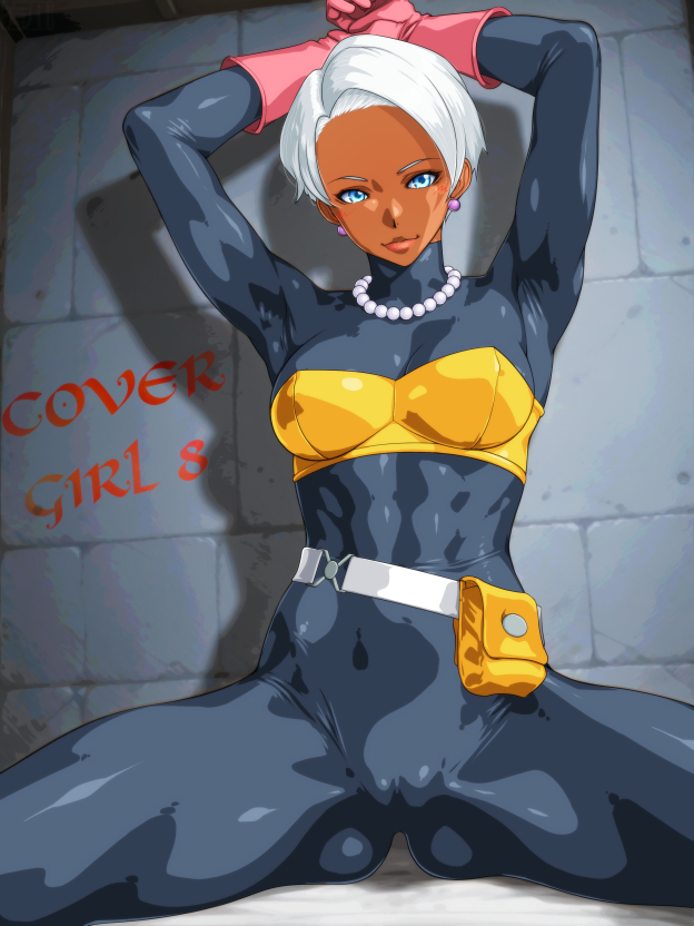 qkat (arikawa-dou), dragon quest, dragon quest iii, commentary request, 1girl, arms up, belt, belt pouch, blue eyes, bodysuit, breasts, bustier, cameltoe, dark-skinned female, dark skin, earrings, english text, gloves, jewelry, necklace, pearl necklace, pink gloves, pouch, short hair, skin tight, solo, spread legs, stone wall, white hair