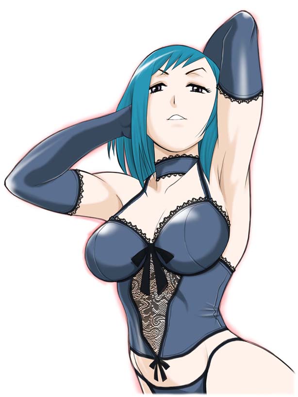 sabachiyo land, tomoe marguerite, my-otome, 00s, 1girl, armpits, blue hair, bustier, choker, elbow gloves, female focus, gloves, lingerie, panties, short hair, solo, underwear, underwear only