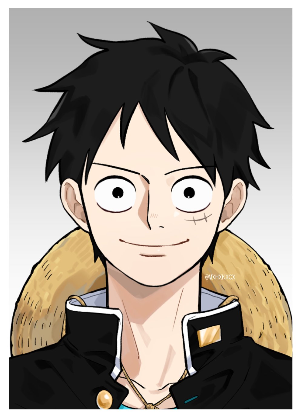 mxhxkxcx, monkey d. luffy, one piece, highres, 1boy, black eyes, black hair, border, closed mouth, collarbone, gradient background, grey background, looking at viewer, male focus, portrait, scar, scar on face, short hair, smile, solo, upper body, white border
