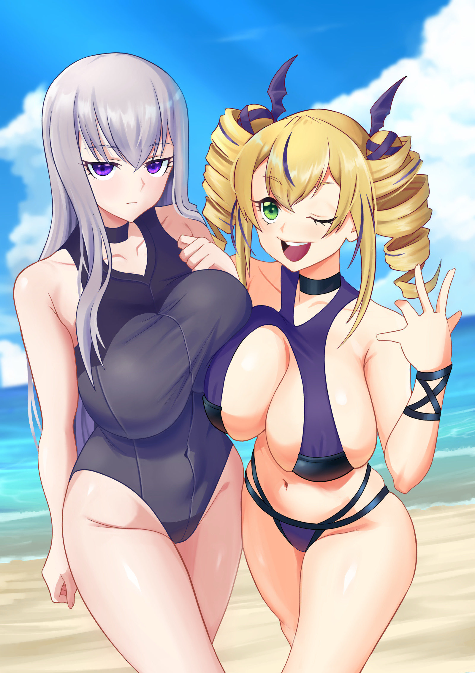close (digimon), violet inboots, digimon, digimon liberator, highres, 2girls, beach, bikini, blonde hair, breast on breast, breasts, cinamon (cinamon595652), drill hair, green eyes, grey hair, huge breasts, large breasts, multiple girls, one-piece swimsuit, one eye closed, purple eyes, swimsuit