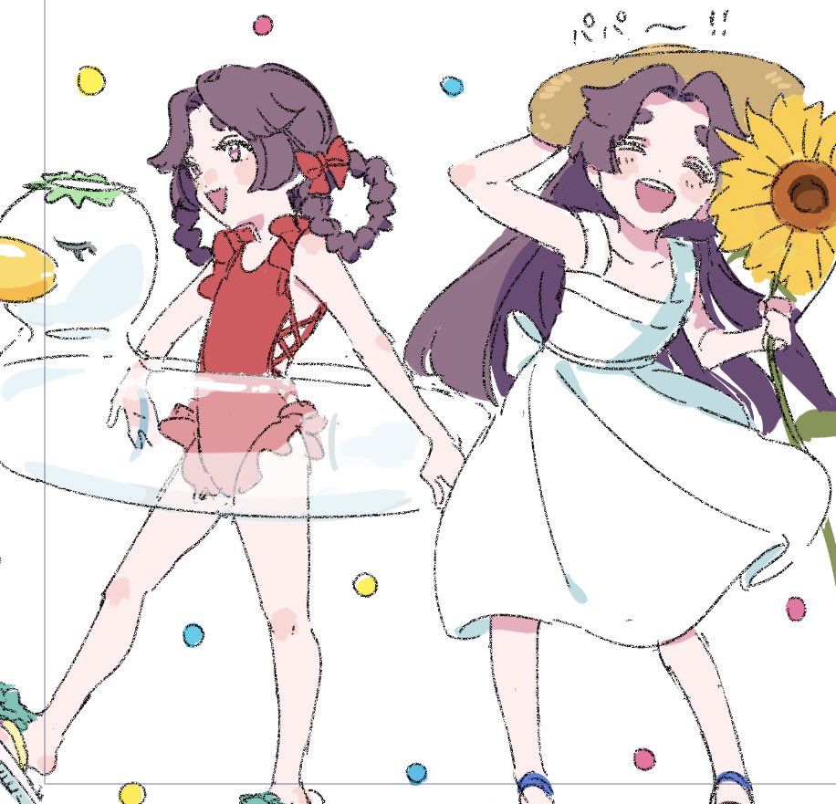 azuma sara, keppi, sarazanmai, commentary request, 1girl, blush stickers, bow, flower, frilled one-piece swimsuit, frills, happy, holding, holding flower, innertube, multiple views, one-piece swimsuit, open mouth, purple eyes, purple hair, red bow, red one-piece swimsuit, shaaark rotta03, sunflower, swim ring, swimsuit, white background