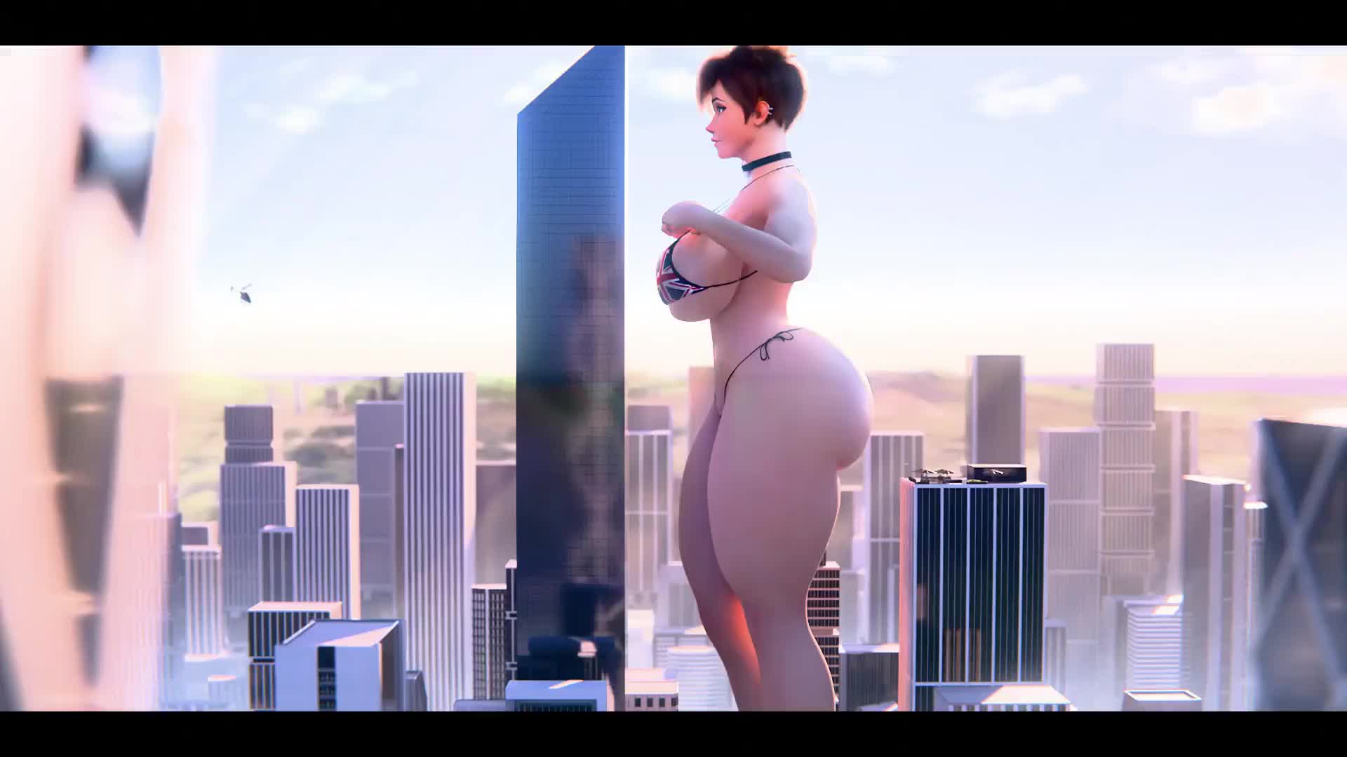 tracer (overwatch), overwatch, overwatch 1, animated, sound, tagme, video, 1girl, ass, bikini, breasts, building, city, cityscape, crushing, destruction, english flag, giant, giantess, gigaenjoyer, huge ass, huge breasts, robot, short hair, sitting, spiked hair, string bikini, swimsuit, thick thighs, thighs