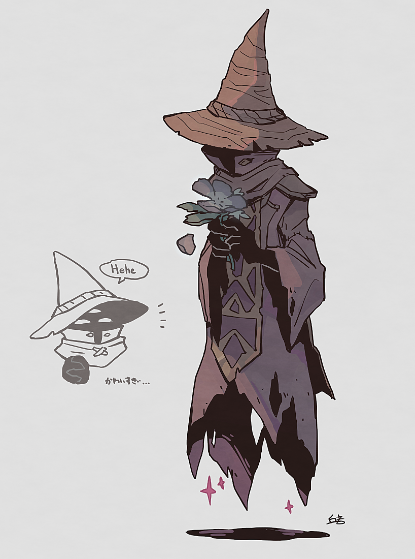okajamira, translation request, 1girl, brown coat, brown hat, coat, english text, etna (lunacid), faceless, falling petals, flower, full body, ghost, grey background, hat, holding, holding flower, lunacid, petals, shadow, speech bubble, third eye, wide sleeves, witch hat