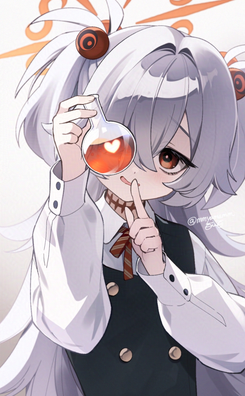 momoyama momo, kanoe (blue archive), blue archive, highres, 1girl, arms up, bags under eyes, black choker, black eyes, black vest, bow, bowtie, bright pupils, brown eyes, buttons, choker, collared shirt, diagonal-striped bow, diagonal-striped bowtie, diagonal-striped clothes, eyelashes, finger in own mouth, finger to mouth, fingernails, gradient background, hair between eyes, hair bobbles, hair flaps, hair ornament, hair over eyes, halo, heart, holding, holding potion, holding vial, long hair, long sleeves, messy hair, mojyo, multicolored eyes, orange hair, pointy hair, portrait, puffy sleeves, scar, shirt, short twintails, shushing, sidelighting, simple background, sleeveless, solo, striped bow, striped bowtie, striped clothes, twintails, twitter username, two-tone eyes, vest, vial, wavy mouth, white background