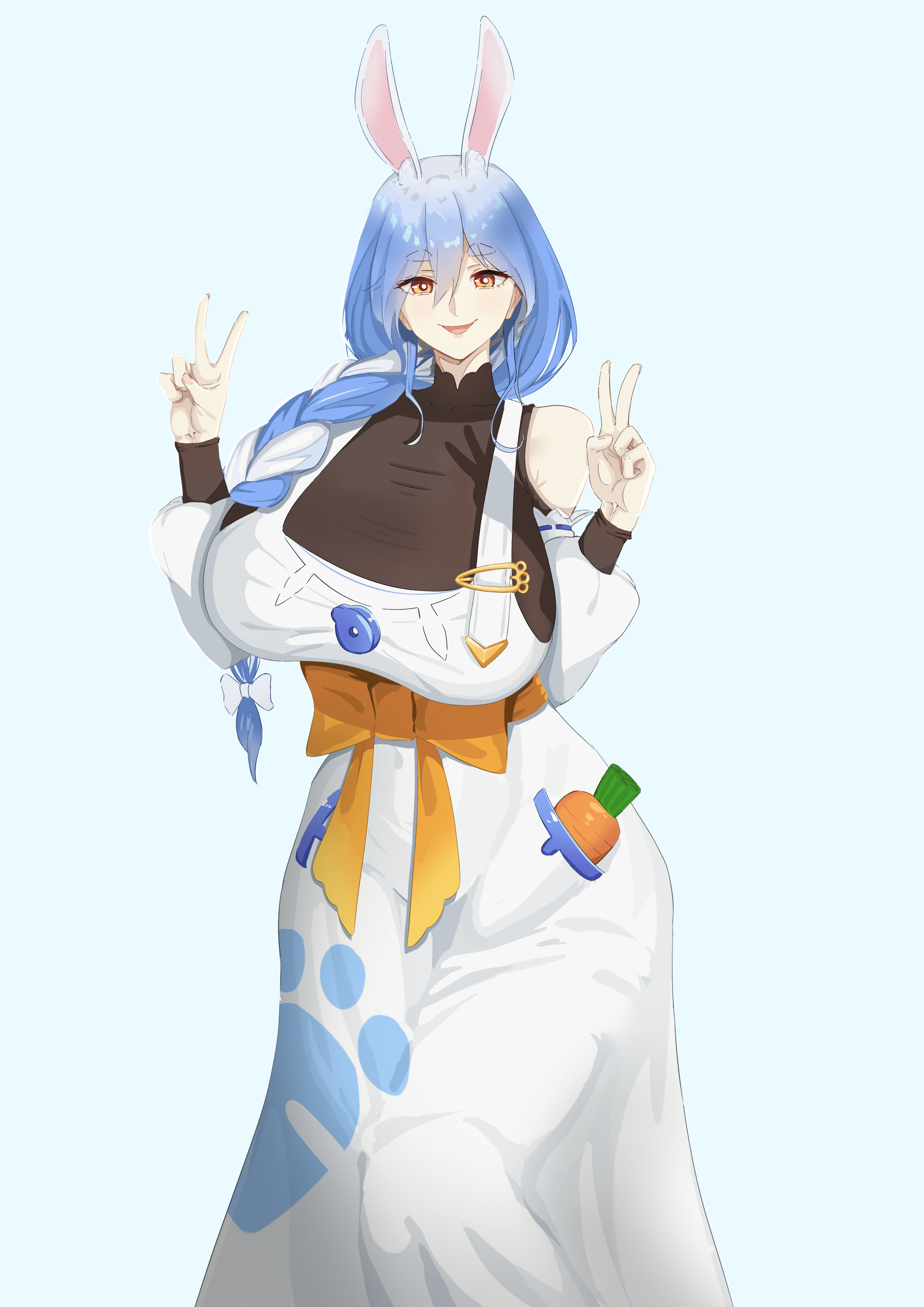 empat sifar, pekomama, hololive, absurdres, highres, 1girl, apron, black bodysuit, black pantyhose, blue hair, bodysuit, braid, braided ponytail, breasts, carrot in pocket, double v, hair over shoulder, large breasts, long hair, looking at viewer, mature female, multicolored hair, open mouth, orange eyes, pantyhose, pekomama (1st costume), rabbit girl, short eyebrows, smile, solo, two-tone hair, v, virtual youtuber, white apron, white hair