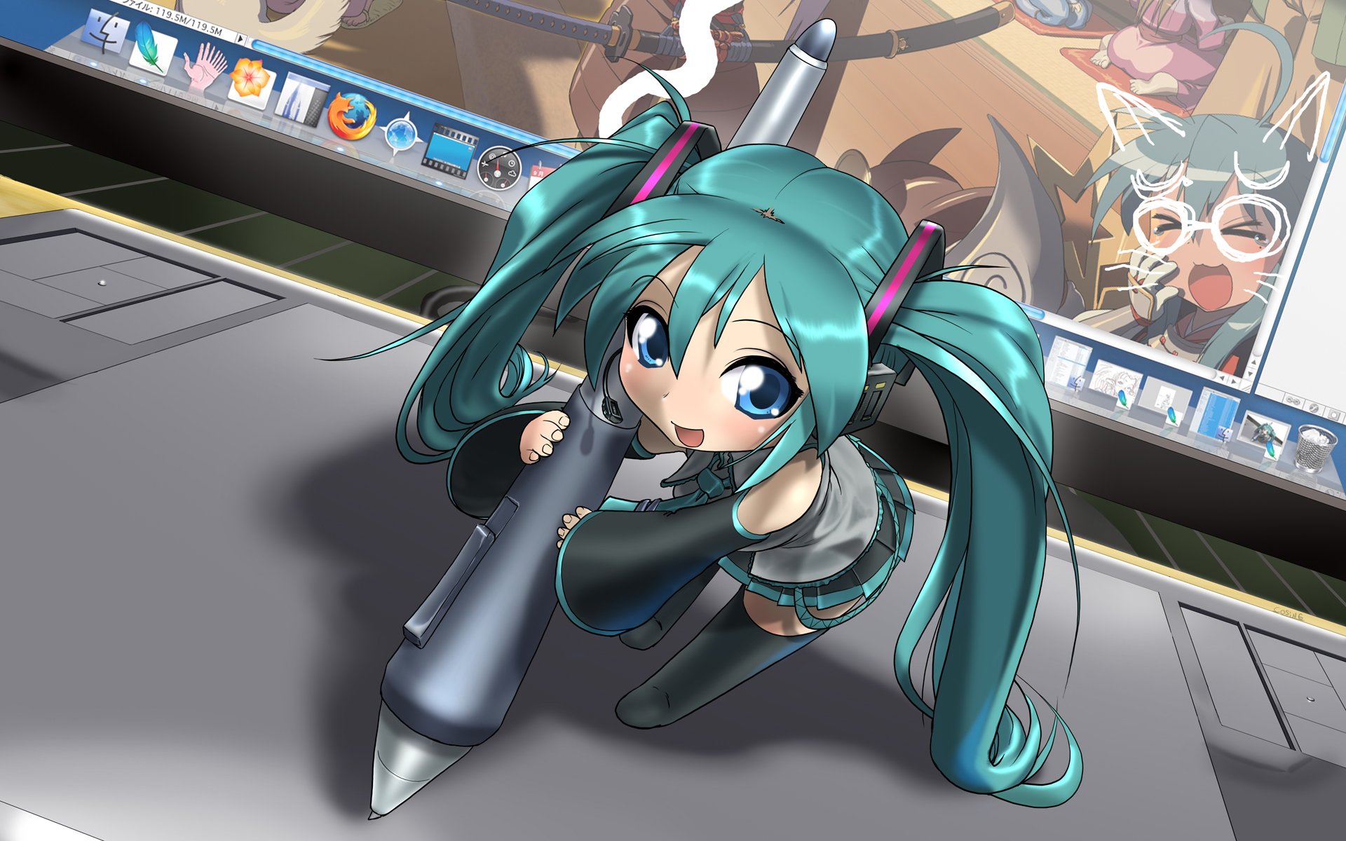cosine, hatsune miku, izumi konata, apple inc., lucky star, vocaloid, wacom, bad id, bad pixiv id, highres, making-of available, 00s, 1girl, aqua hair, blue eyes, chibi, desktop (computing), detached sleeves, drawing tablet, female focus, long hair, macintosh, microphone, mini person, minigirl, necktie, oversized object, skirt, solo, stylus, thighhighs, twintails