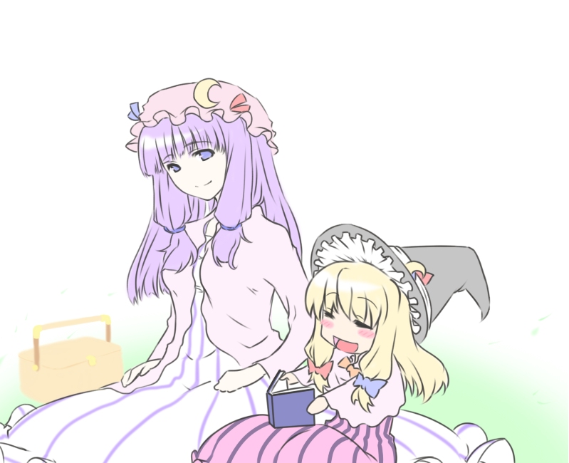 haruichi (komikal), kirisame marisa, patchouli knowledge, touhou, 2girls, age difference, blonde hair, blush, book, child, crescent moon, dress, female focus, hair ribbon, happy, hat, if they mated, long hair, moon, mother and daughter, multiple girls, no nose, onee-loli, open book, open mouth, picnic basket, purple eyes, purple hair, reading, ribbon, sitting, smile, striped clothes, striped dress, vertical-striped clothes, vertical-striped dress, witch, witch hat, yuri