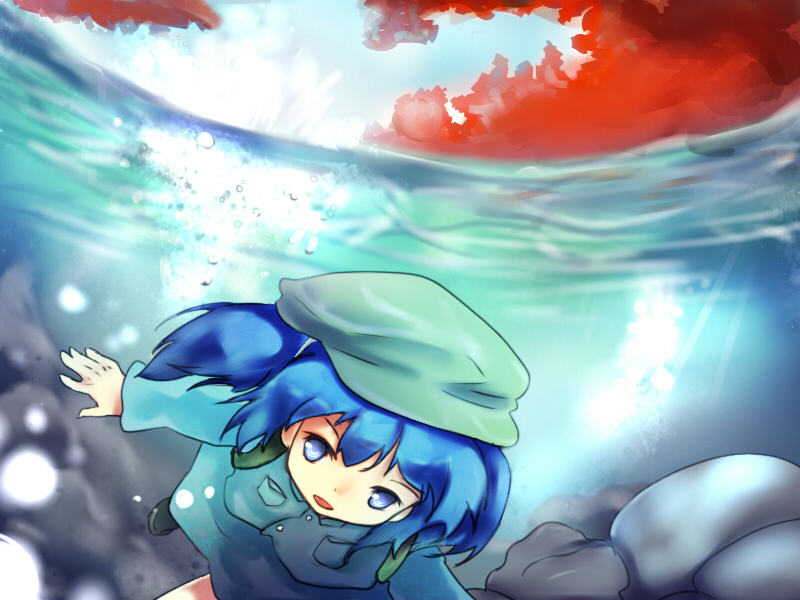 murani, kawashiro nitori, touhou, bad id, bad pixiv id, 1girl, blue hair, female focus, hat, nature, outdoors, partially underwater shot, plant, short hair, skirt, sky, solo, swimming, tamutamu (pixiv), two side up, underwater, water