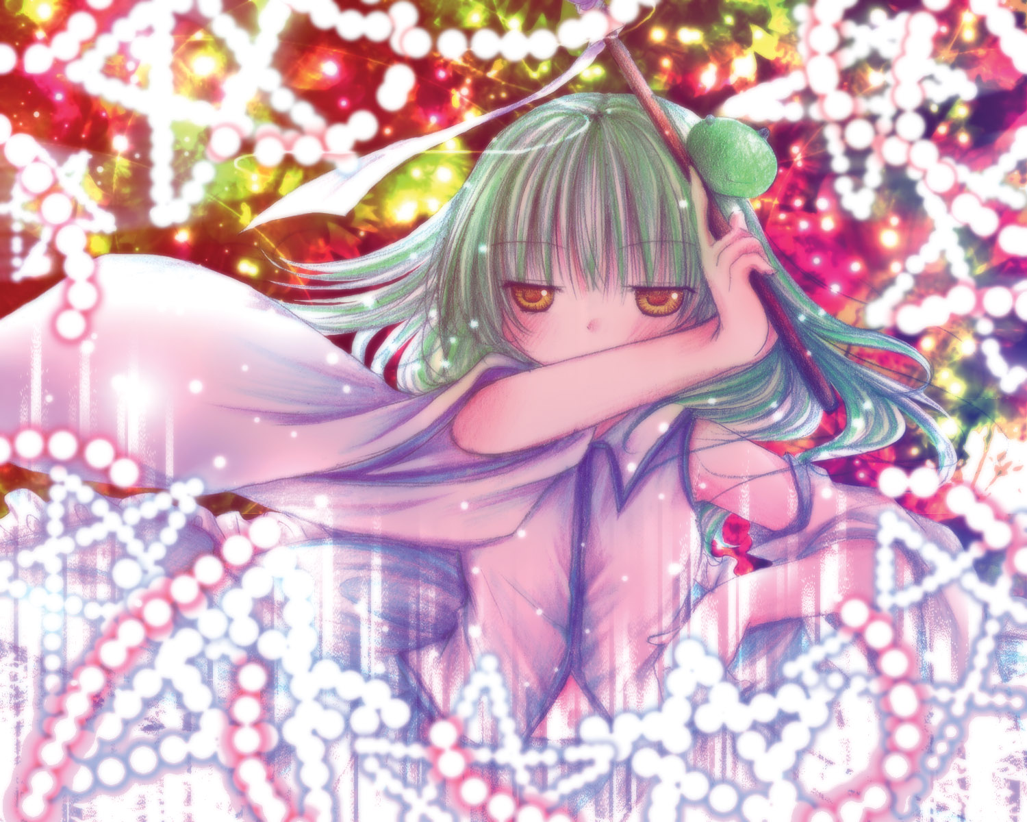 kasuga sunao, kochiya sanae, touhou, bad id, bad pixiv id, highres, 1girl, danmaku, female focus, gohei, green hair, hair ornament, japanese clothes, long hair, miko, oonusa, solo, yellow eyes